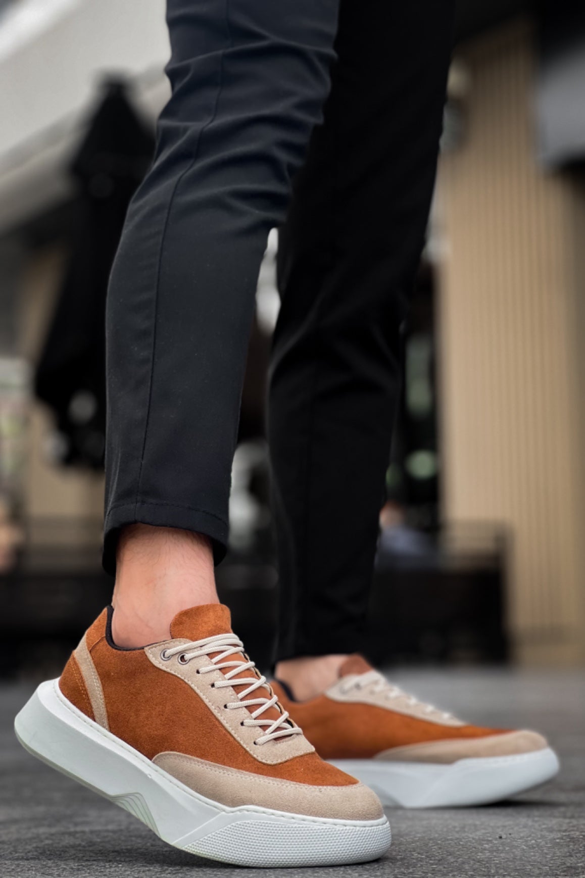 BA0354 Casual Lace-Up Men's High Sole Cream Detailed Brown Suede Sneakers - STREETMODE ™