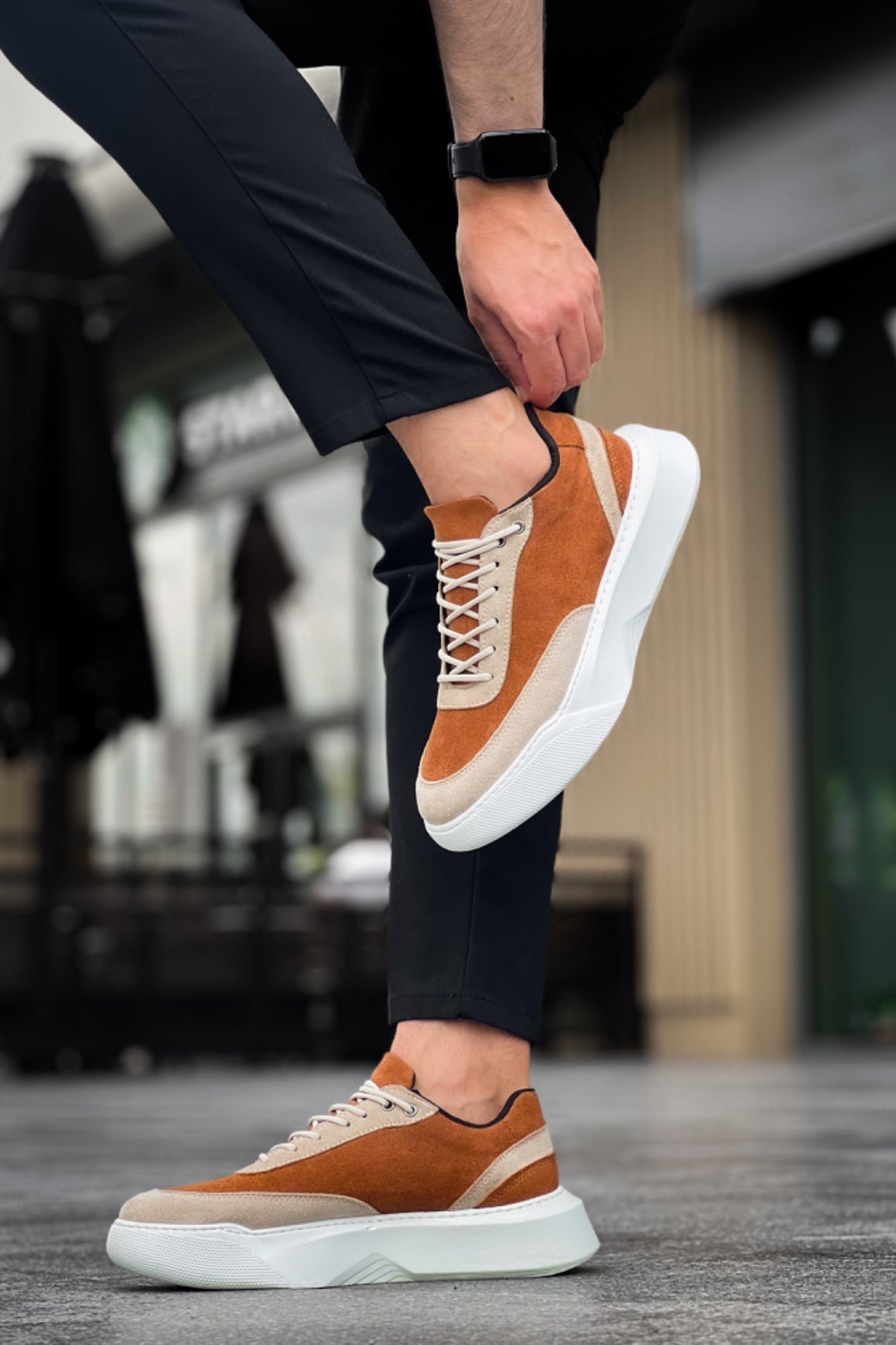 BA0354 Casual Lace-Up Men's High Sole Cream Detailed Brown Suede Sneakers - STREETMODE ™