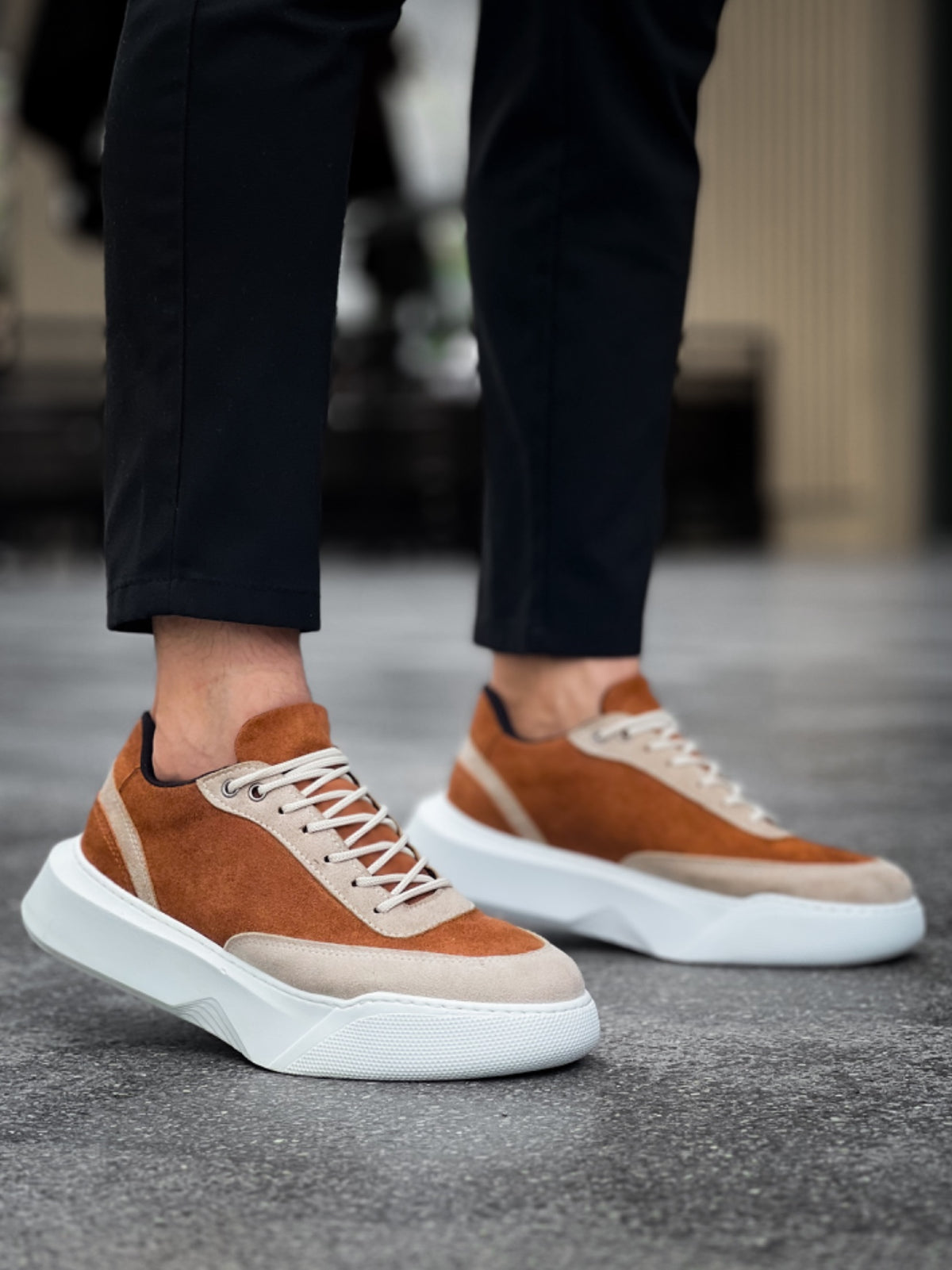 BA0354 Casual Lace-Up Men's High Sole Cream Detailed Brown Suede Sneakers - STREETMODE ™