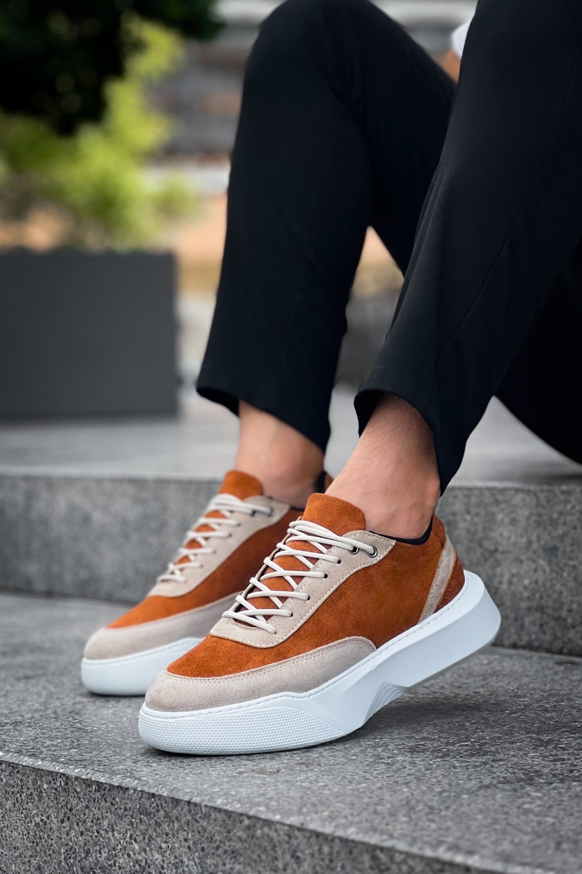 BA0354 Casual Lace-Up Men's High Sole Cream Detailed Brown Suede Sneakers - STREETMODE ™