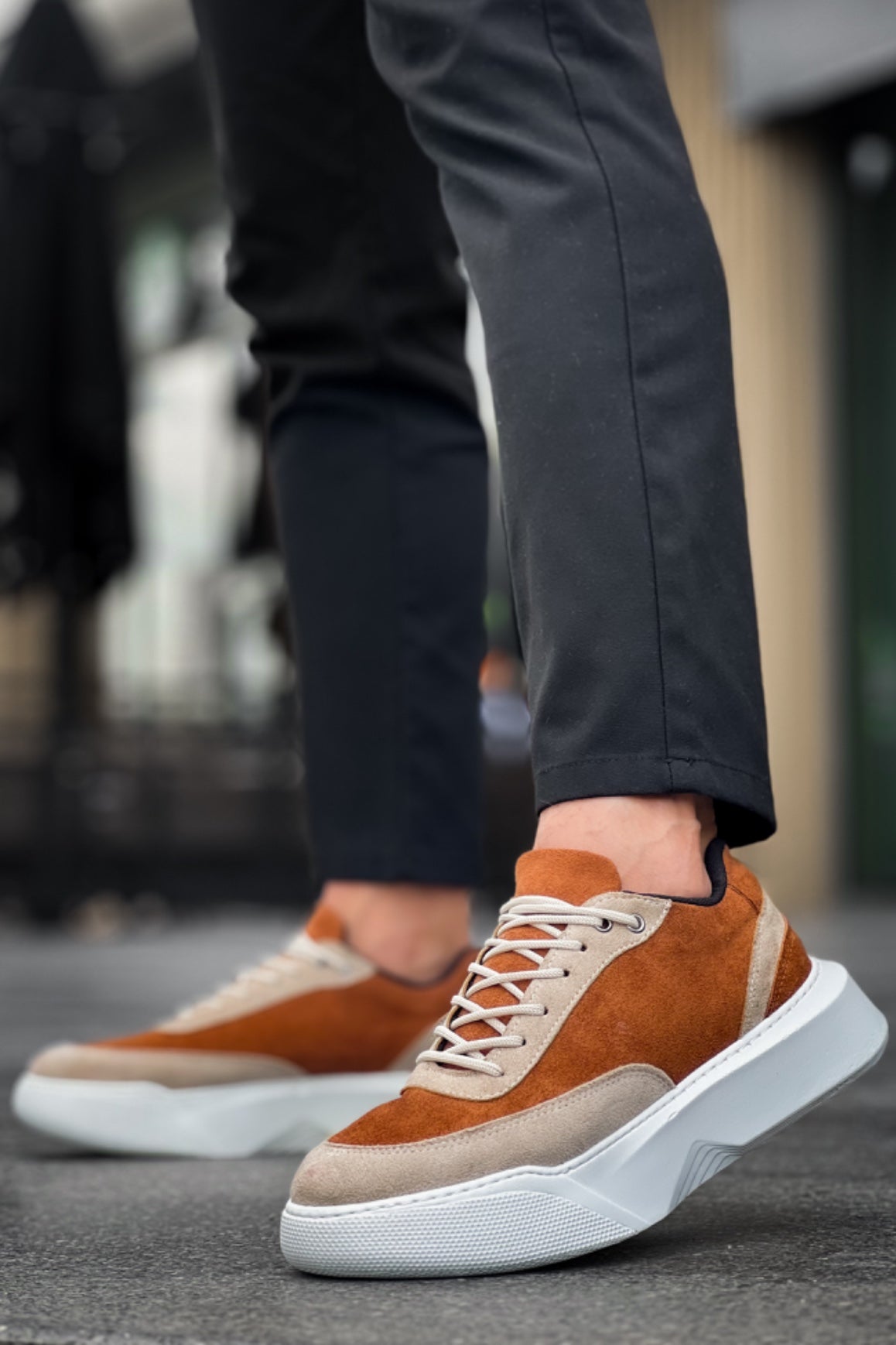 BA0354 Casual Lace-Up Men's High Sole Cream Detailed Brown Suede Sneakers - STREETMODE ™