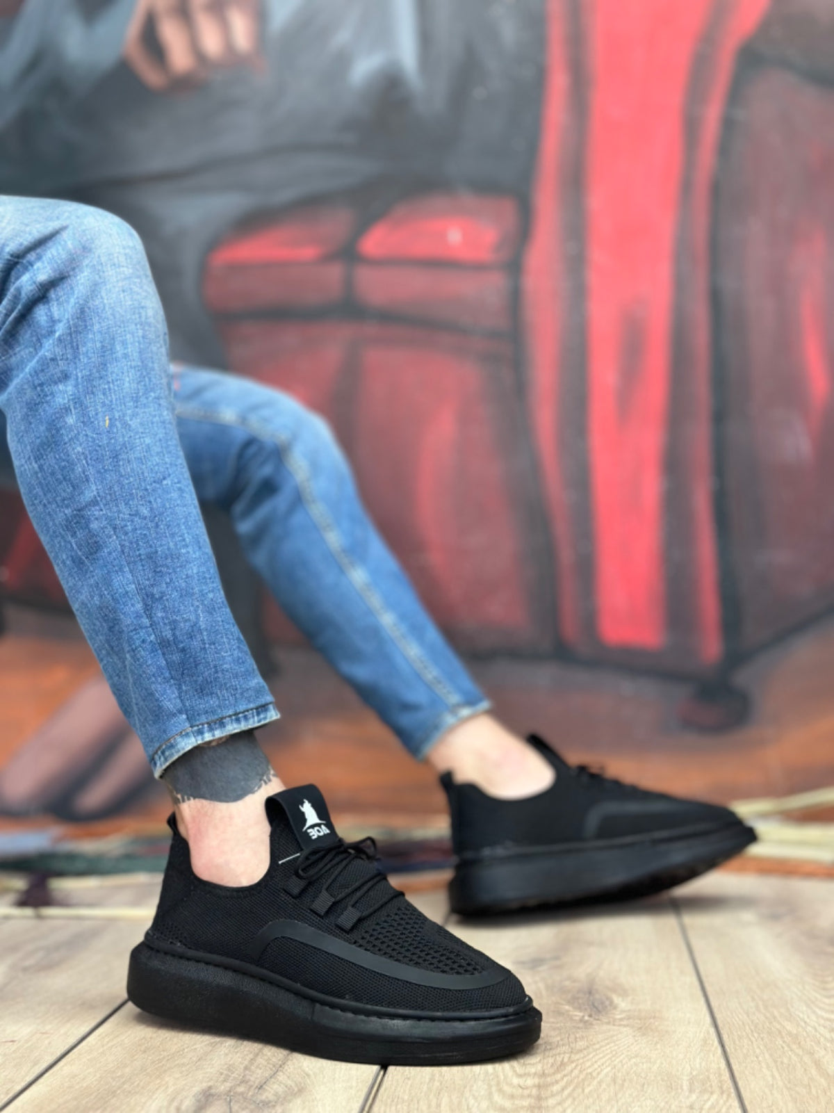 BA0375 Special Knitted Tricot Style Men's Black Sole Sports Shoes - STREETMODE ™