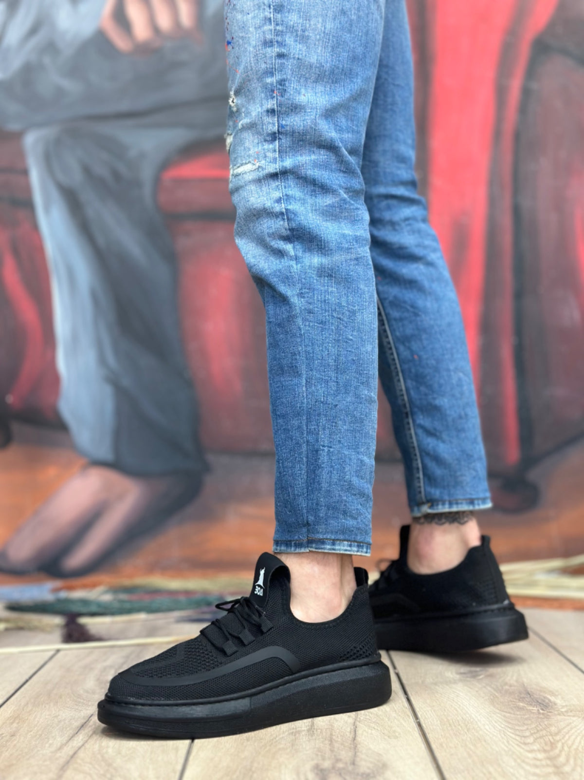 BA0375 Special Knitted Tricot Style Men's Black Sole Sports Shoes - STREETMODE ™