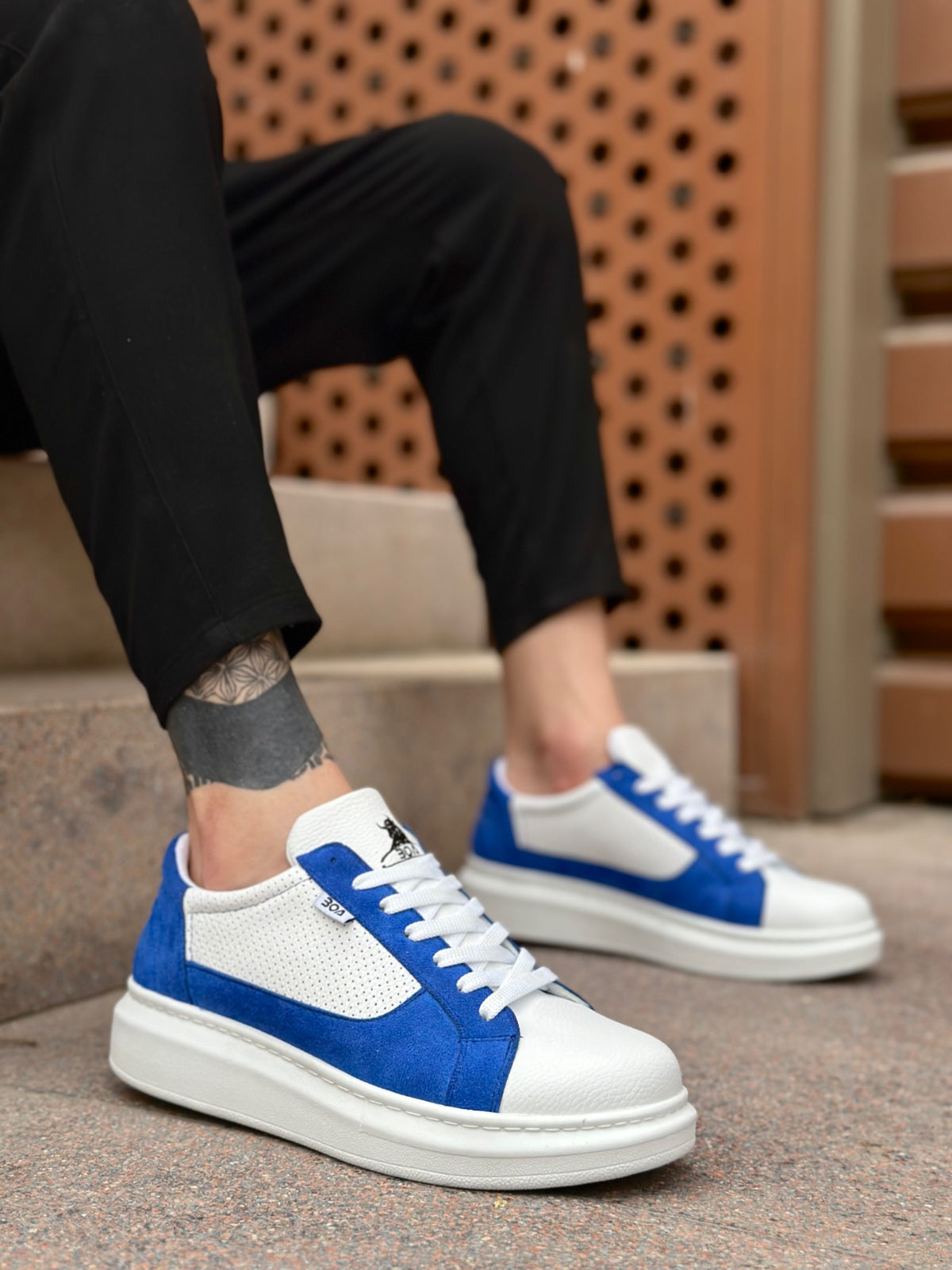 BA0423 Thick High Sole White Blue Laced Sports Men's Shoes
