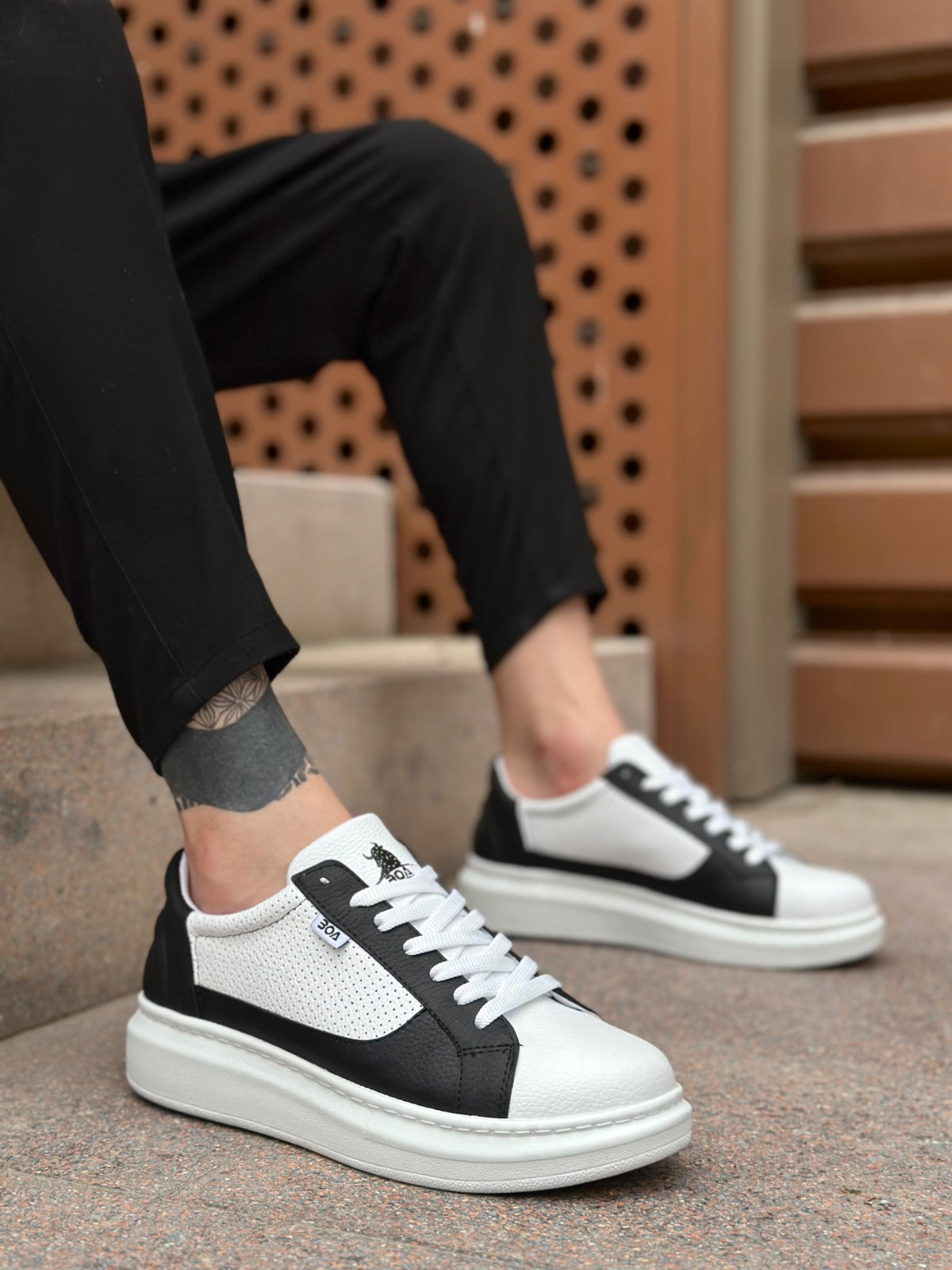 BA0423 Thick High Sole White Black Laced Sports Men's Shoes