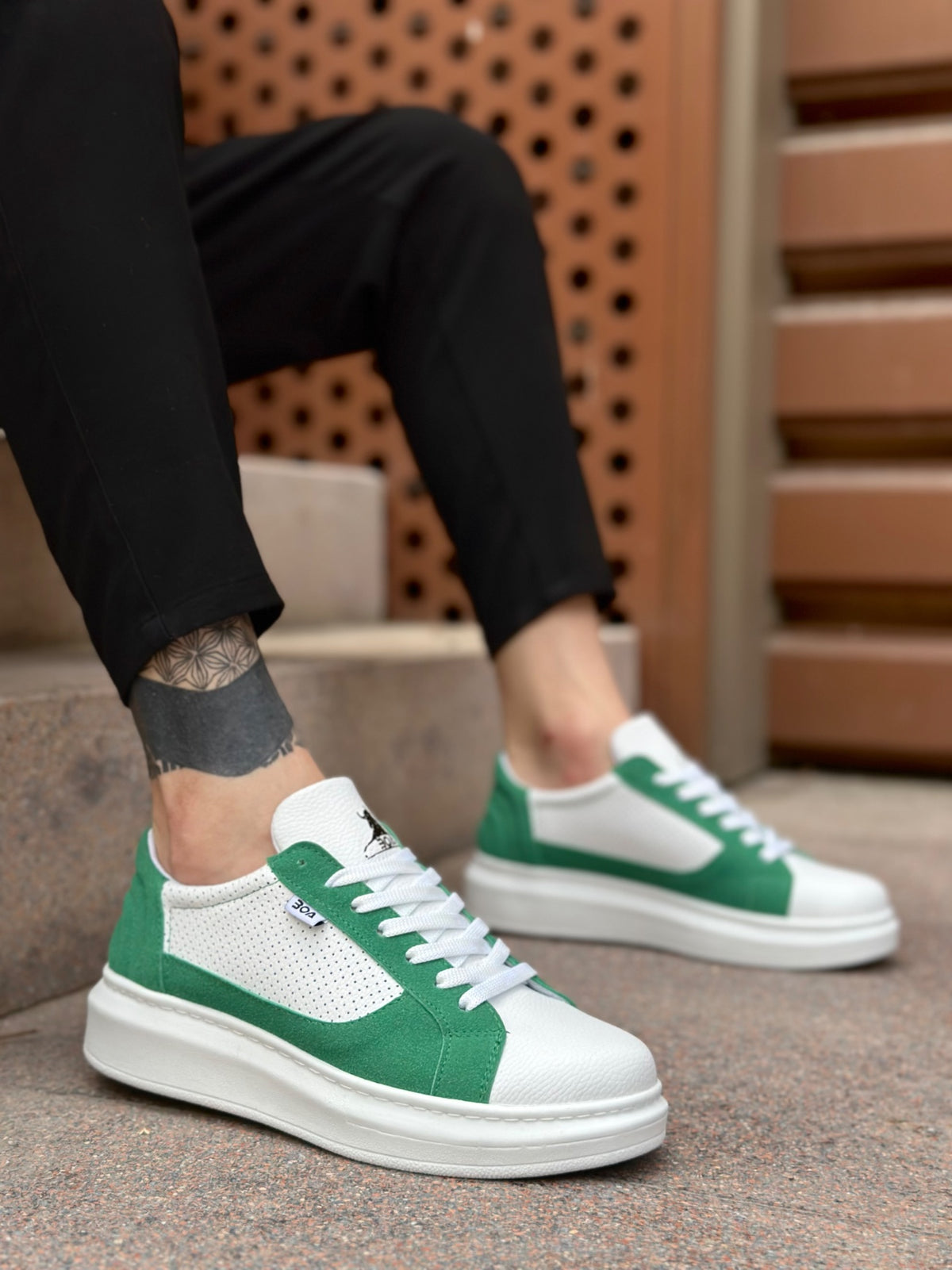 BA0423 Thick High Sole White Green Laced Sports Men's Shoes