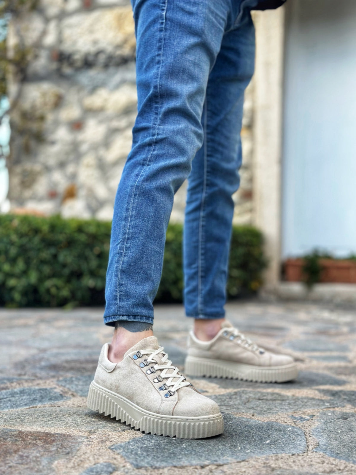 BA0505 Hook Lace Cream Color High Soled Casual Shoes - STREETMODE ™