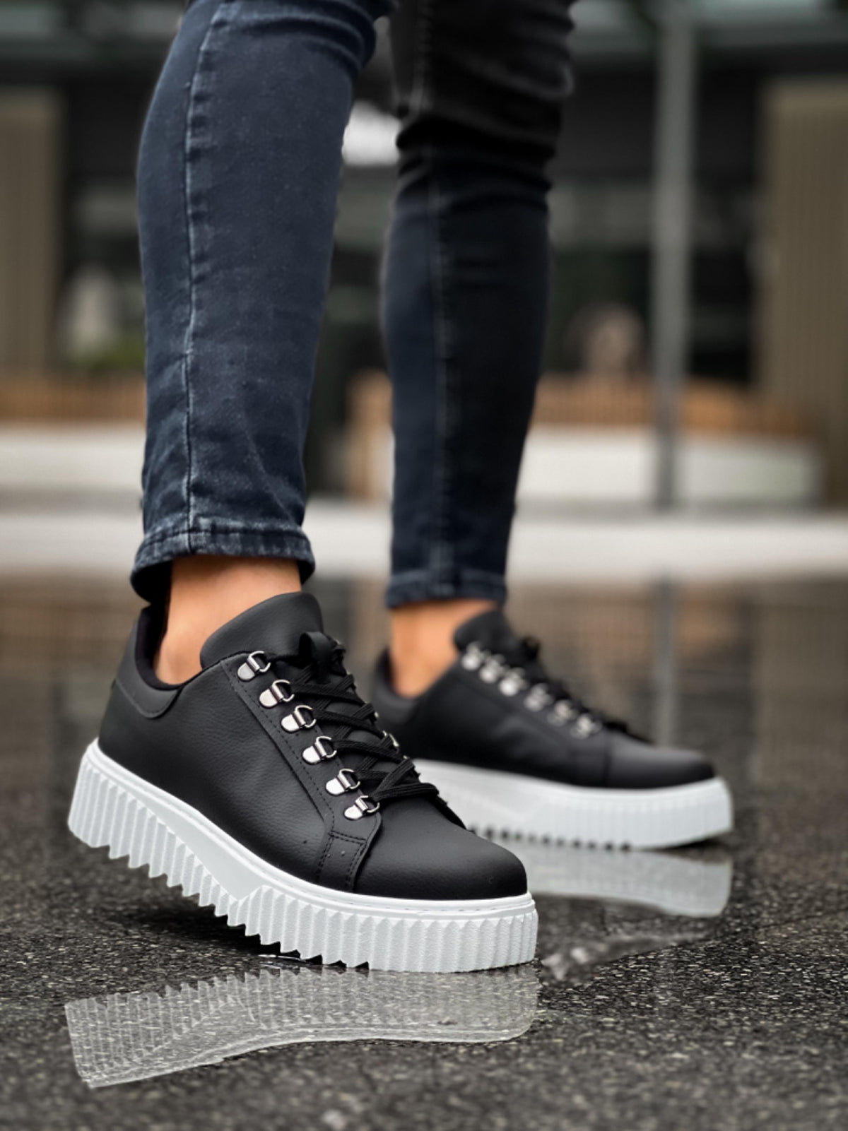 BA0505 Hook Laced Black Color White Based Casual Shoes - STREETMODE ™