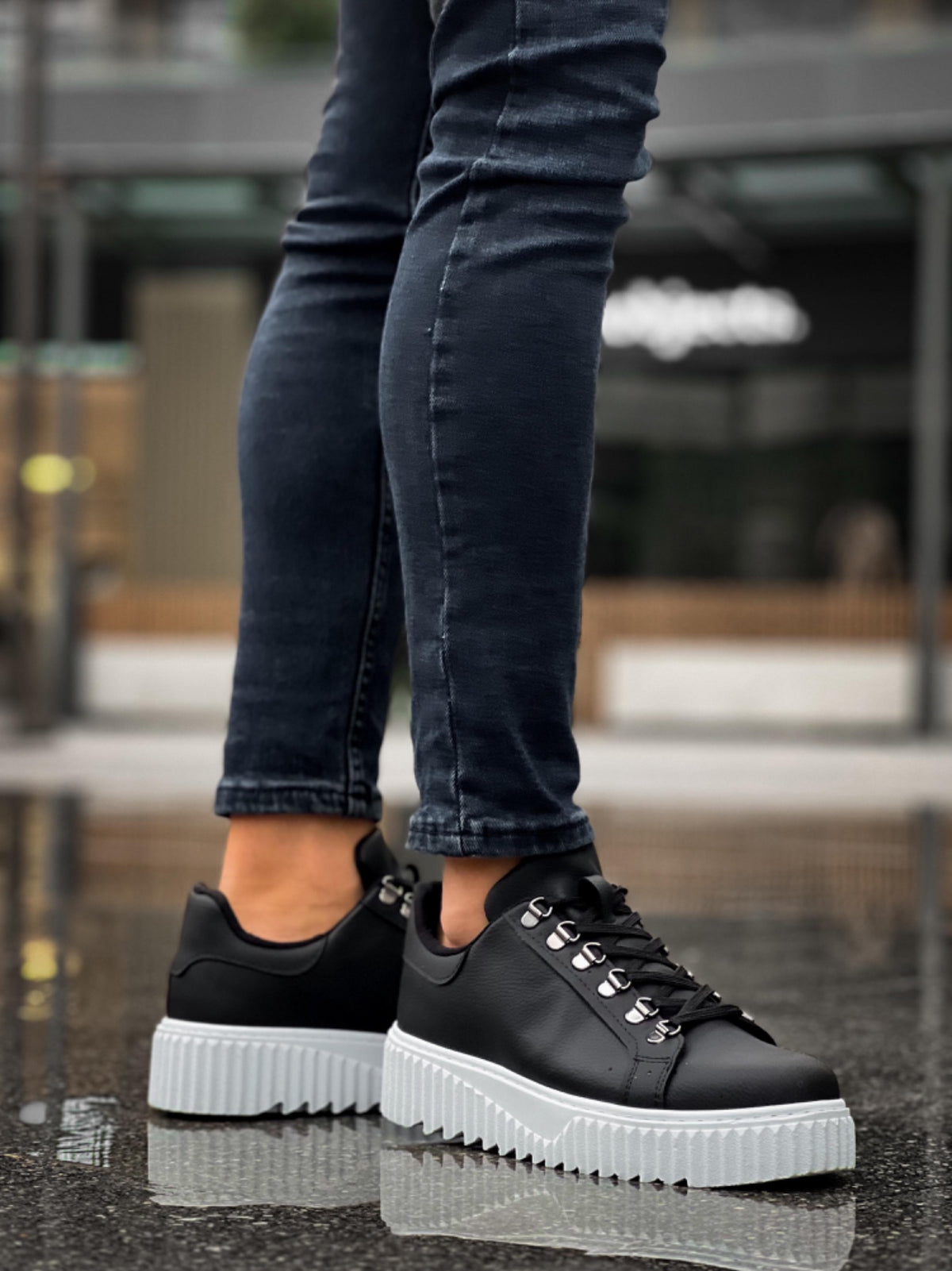 BA0505 Hook Laced Black Color White Based Casual Shoes - STREETMODE ™