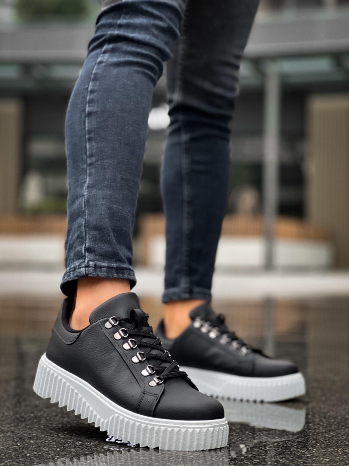 BA0505 Hook Laced Black Color White Based Casual Shoes - STREETMODE ™