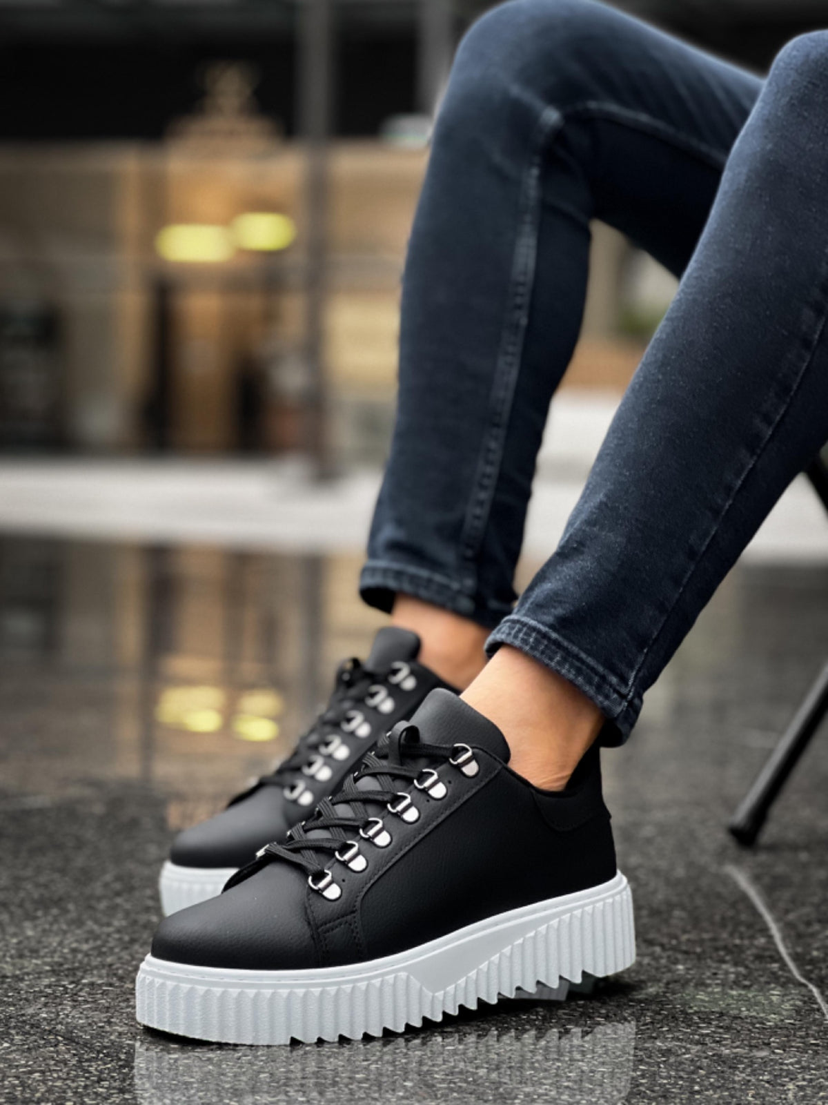 BA0505 Hook Laced Black Color White Based Casual Shoes - STREETMODE ™