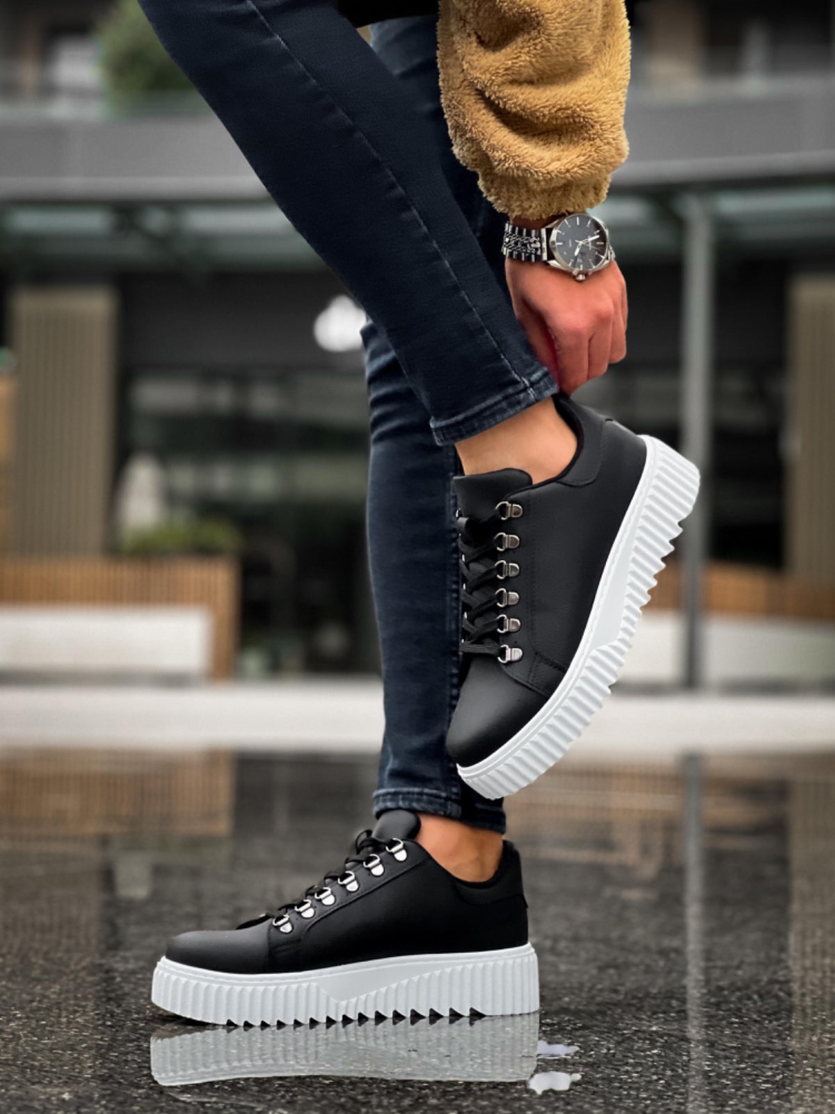 BA0505 Hook Laced Black Color White Based Casual Shoes - STREETMODE ™