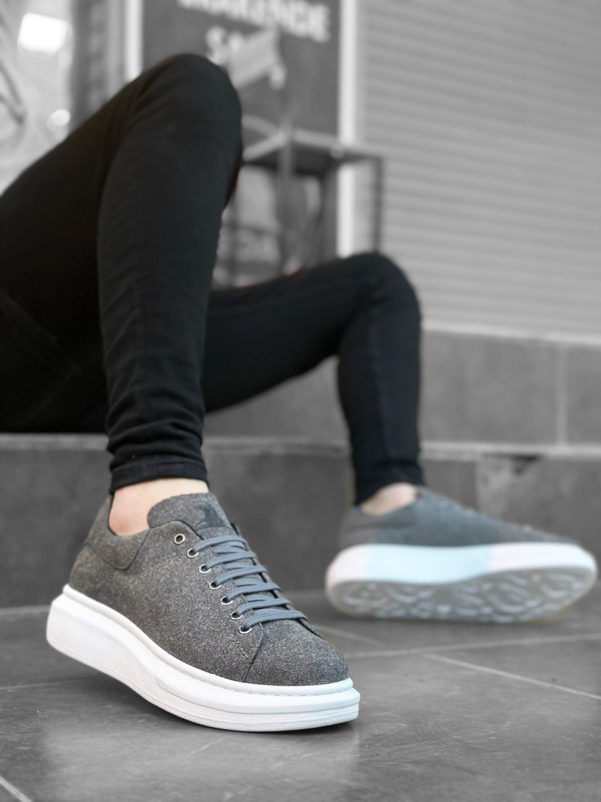 BA0547 Thick High Sole Gray Suede Lace-Up Sports Men's Sneakers Shoes - STREETMODE ™