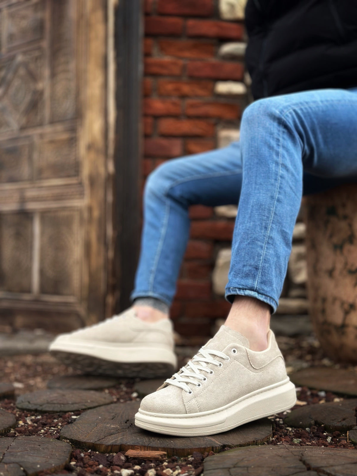 BA0547 Thick High Cream Sole Cream Suede Lace-Up Sports Men's Shoes - STREETMODE ™