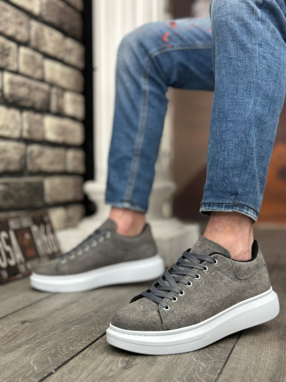 BA0547 Thick High Sole Gray Suede Lace-Up Sports Men's Sneakers Shoes - STREETMODE ™