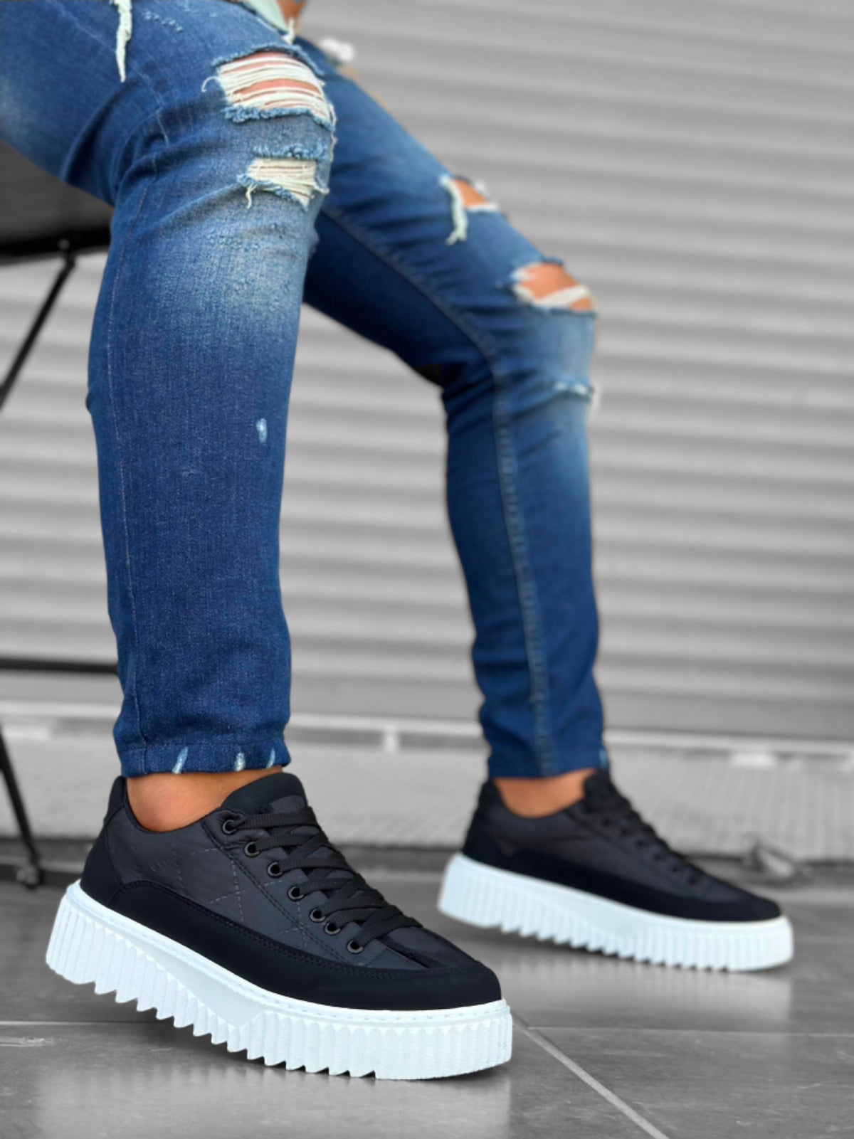 BA0801 High Sole Black Parachute Fabric Skin Detail Men's Sneakers Shoes - STREETMODE ™