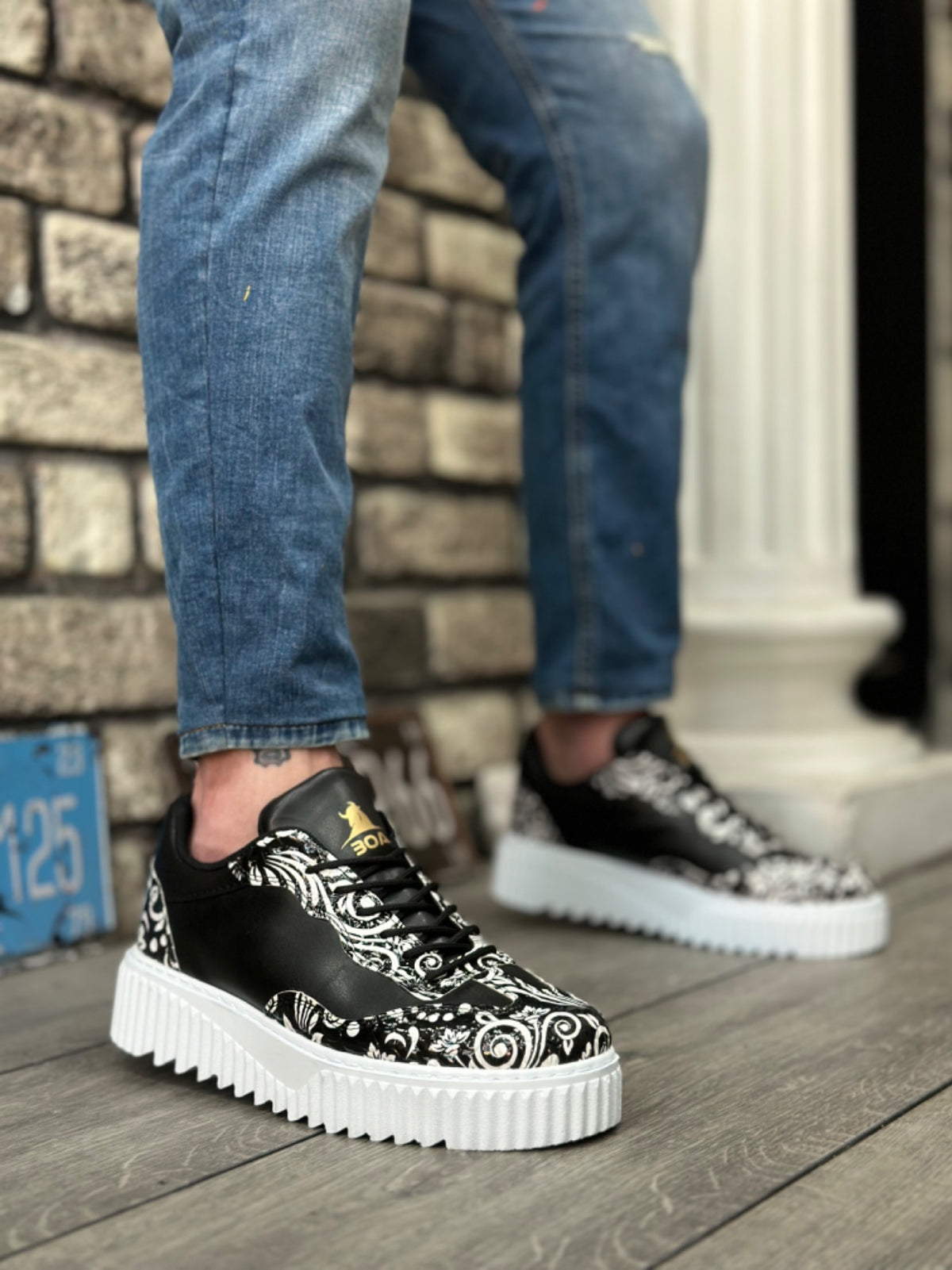 BA0802 Gothic Patterned Black and White High Sole Men's Casual Shoes - STREETMODE ™