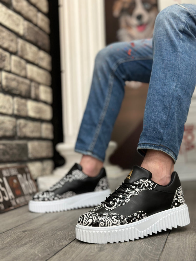 BA0802 Gothic Patterned Black and White High Sole Men's Casual Shoes - STREETMODE ™