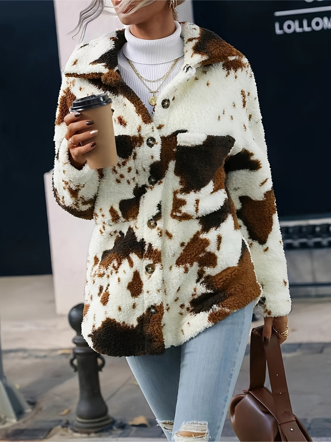 Cow Print Collared Neck Button Up Fuzzy Women Jacket - STREETMODE ™
