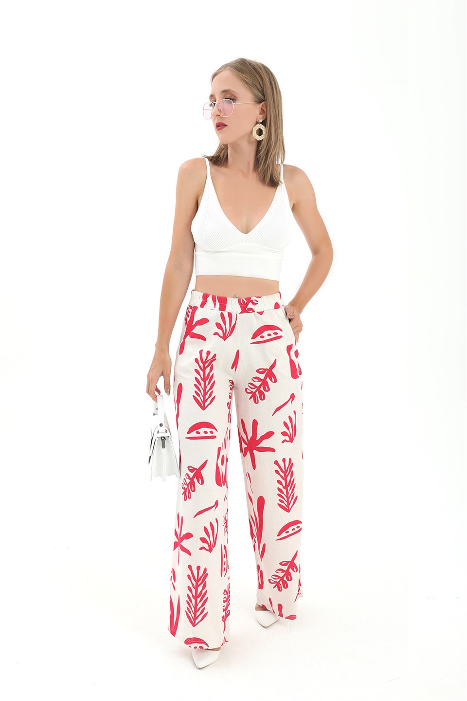 Women's Printed Linen Wide Leg Pants - Fuchsia - STREETMODE ™