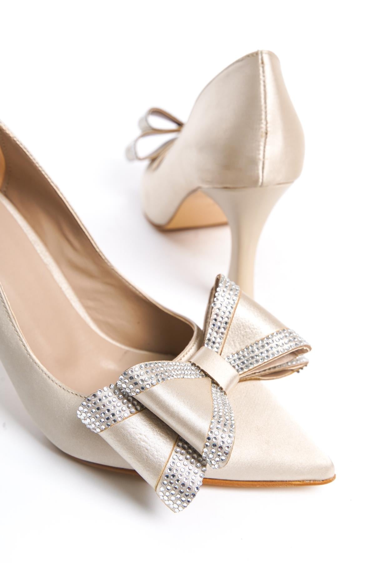 Women's Beige Fasm Satin Painted Heel Bow Detailed Evening Dress Shoes - STREETMODE ™