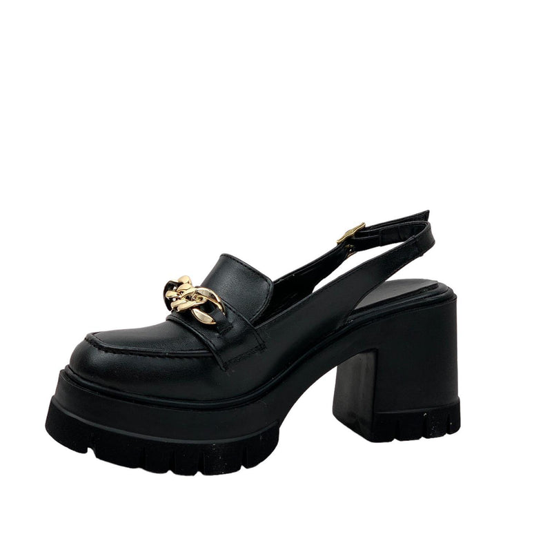 Women's Black Open Back Leofer Shoes with Chain Buckle 10 cm 650 - STREETMODE ™