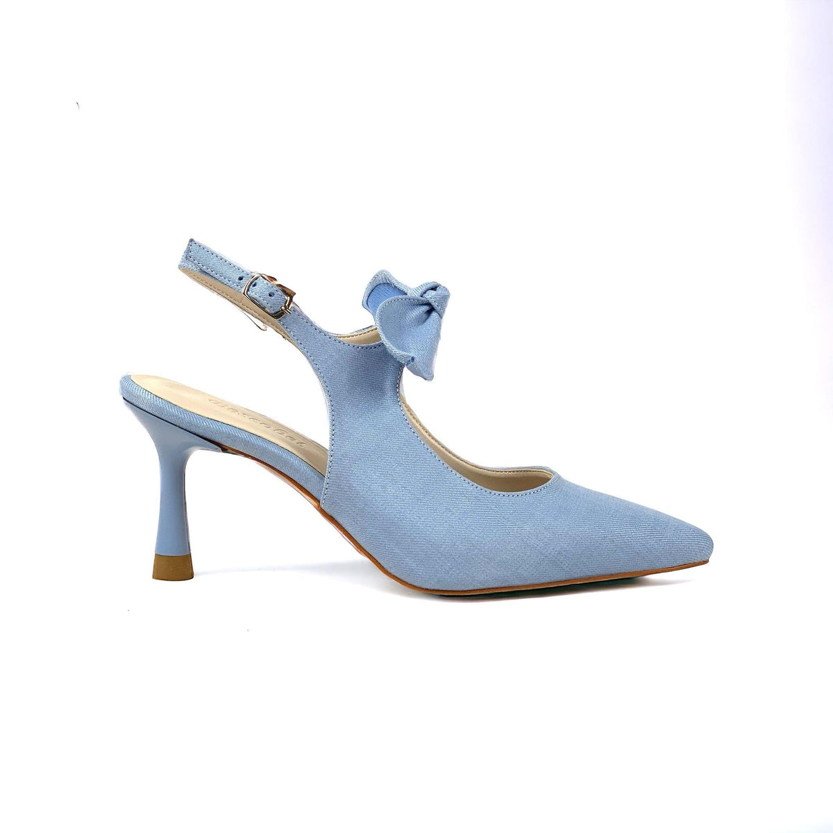 Women's Blue Denim Material Tanb Bow Detailed Heeled Pointed Toe Shoes 7 cm Heel - STREETMODE ™