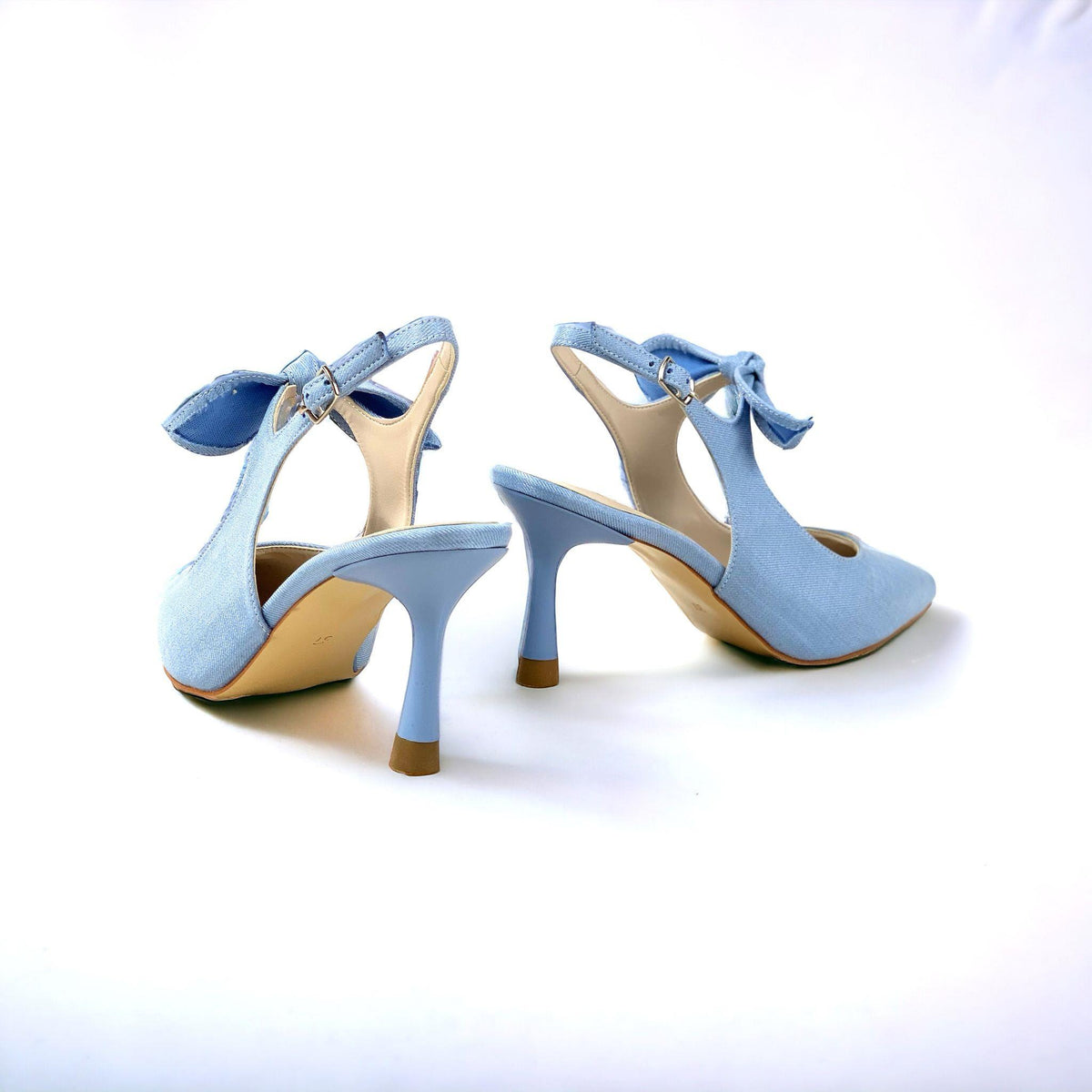 Women's Blue Denim Material Tanb Bow Detailed Heeled Pointed Toe Shoes 7 cm Heel - STREETMODE ™