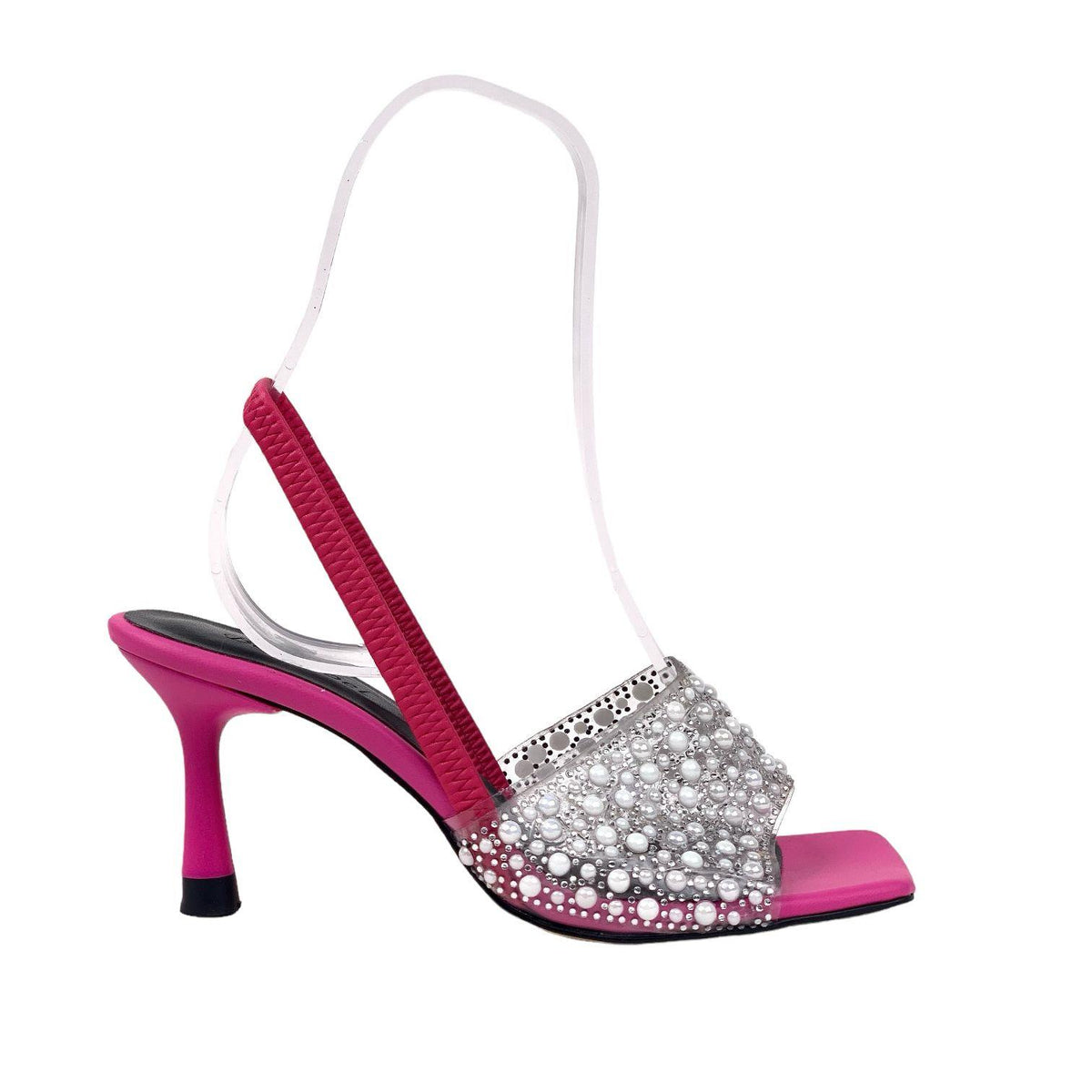 Women's Fuchsia Stone Detailed Elastic Thin Heel Slippers 8cm - STREETMODE ™