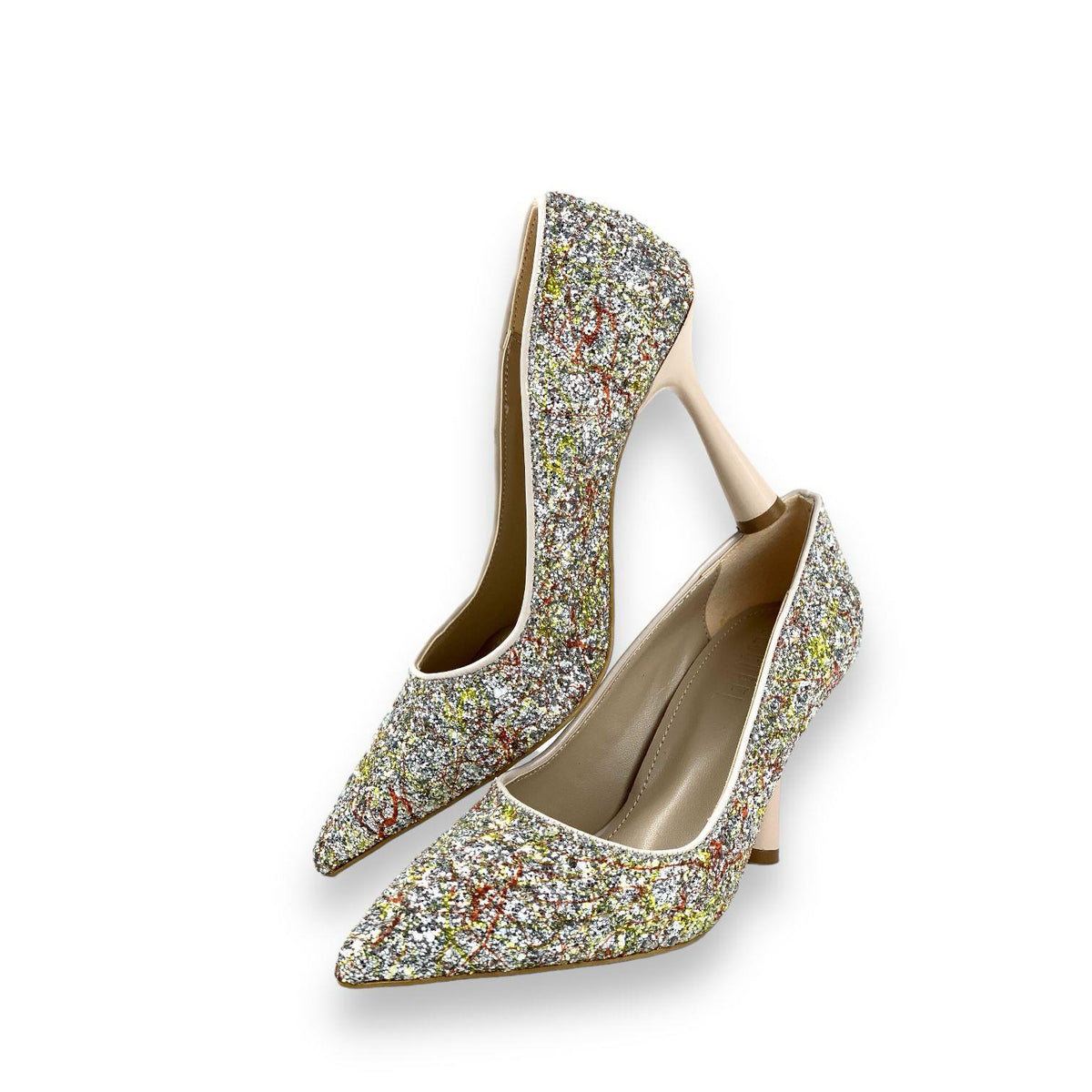 Women's Sinr Beige Stone Coated Evening Dress Stiletto 10 Cm Heel - STREETMODE ™