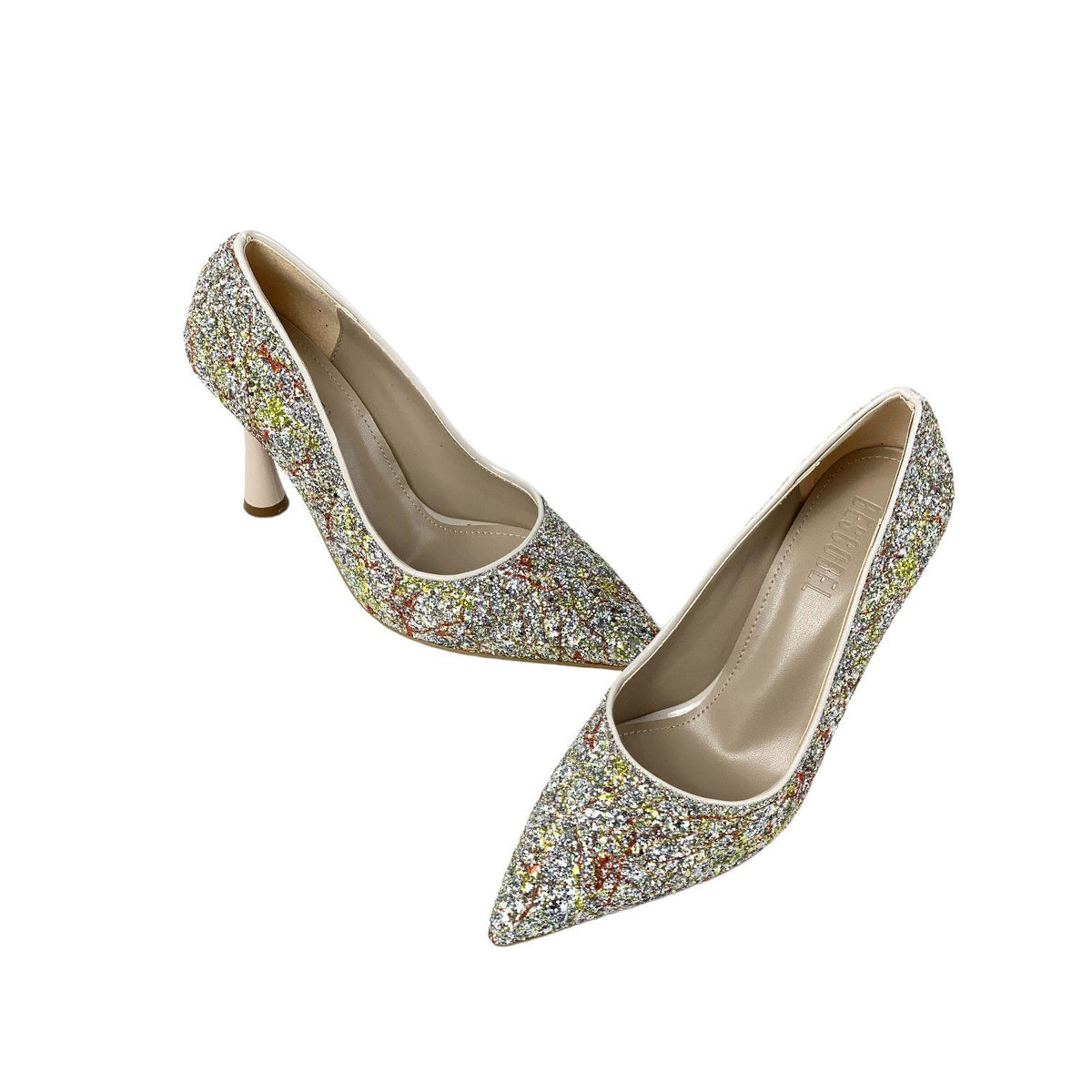 Women's Sinr Beige Stone Coated Evening Dress Stiletto 10 Cm Heel - STREETMODE ™