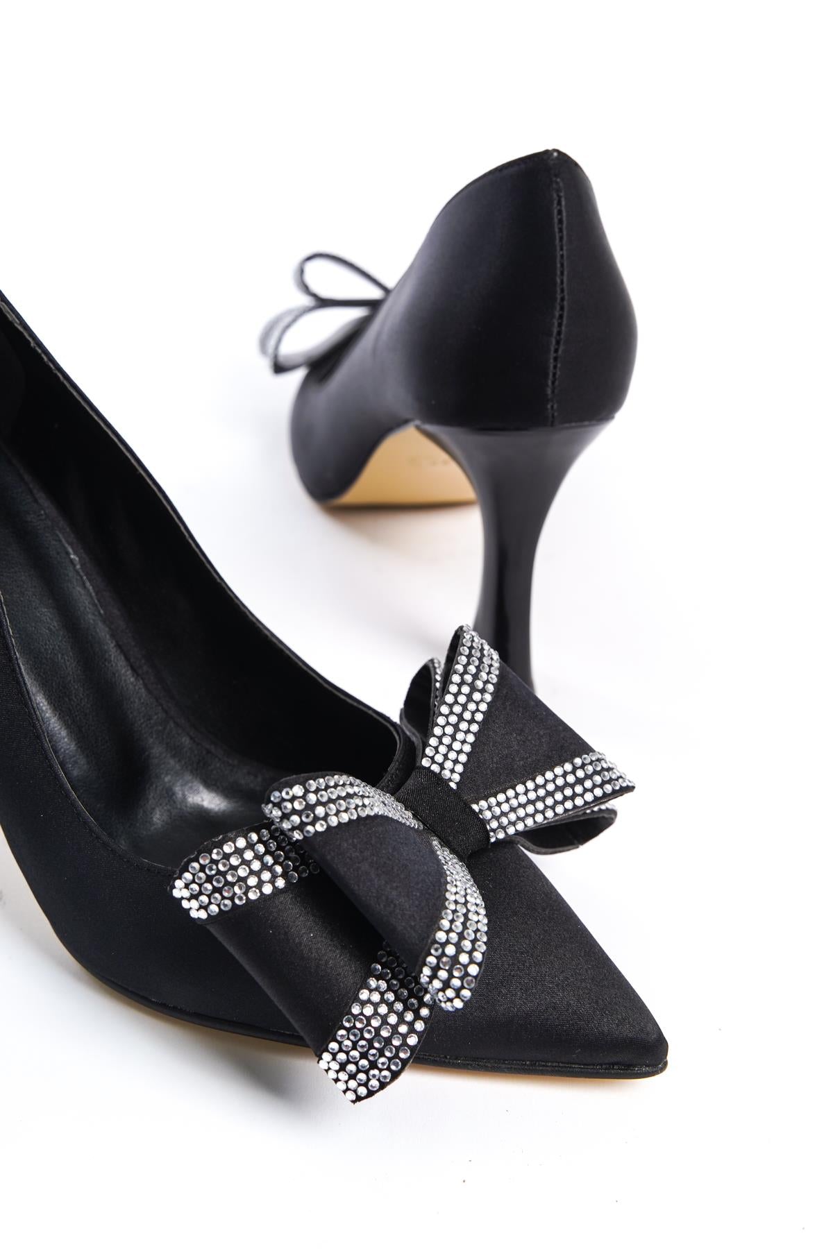 Women's Black Fasm Satin Painted Heel Bow Detailed Evening Shoes - STREETMODE ™