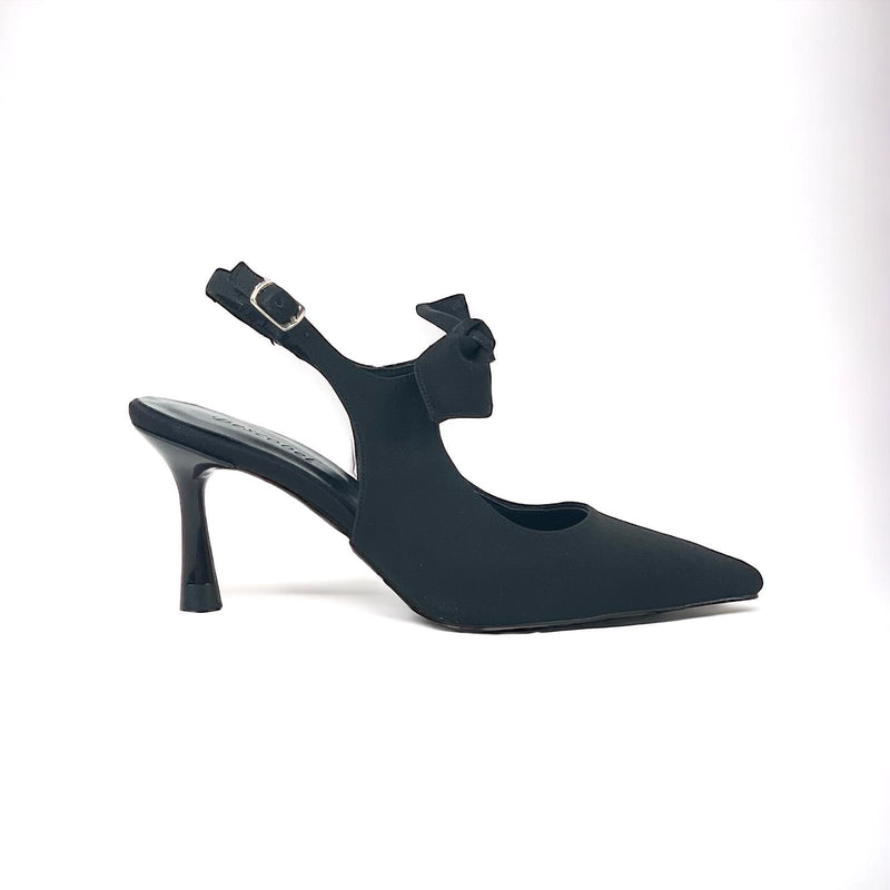 Women's Black Silk Material Tanb Bow Detailed Heeled Pointed Toe Shoes 7 cm Heel - STREETMODE ™