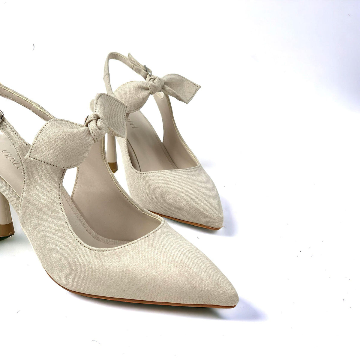 Women's Skin Denim Material Tanb Bow Detailed Heeled Pointed Toe Shoes 7 cm Heel - STREETMODE ™