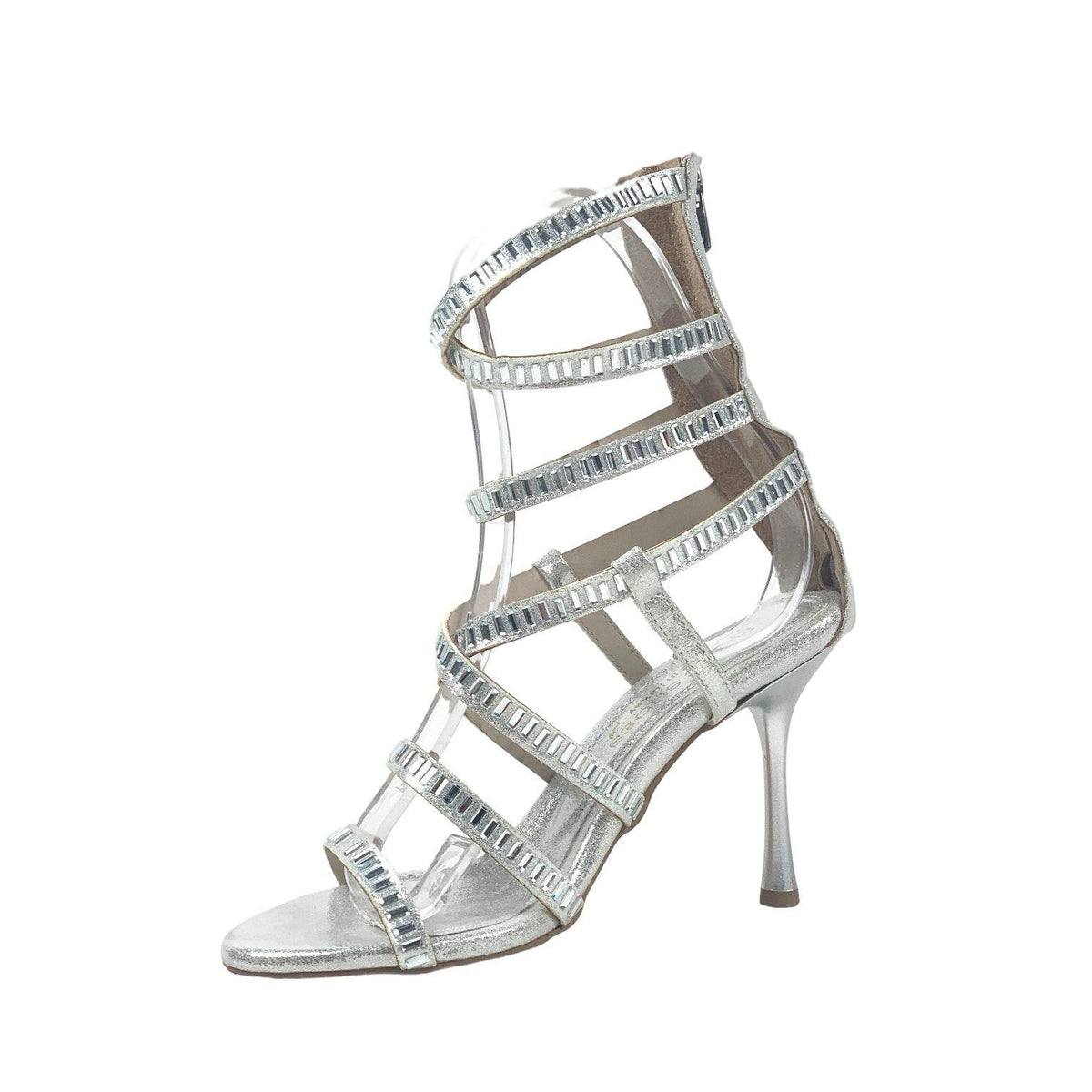 Women's Terja Silver Sultan Thin Heeled Evening Dress Shoes with Stone Detail 9 Cm - STREETMODE ™
