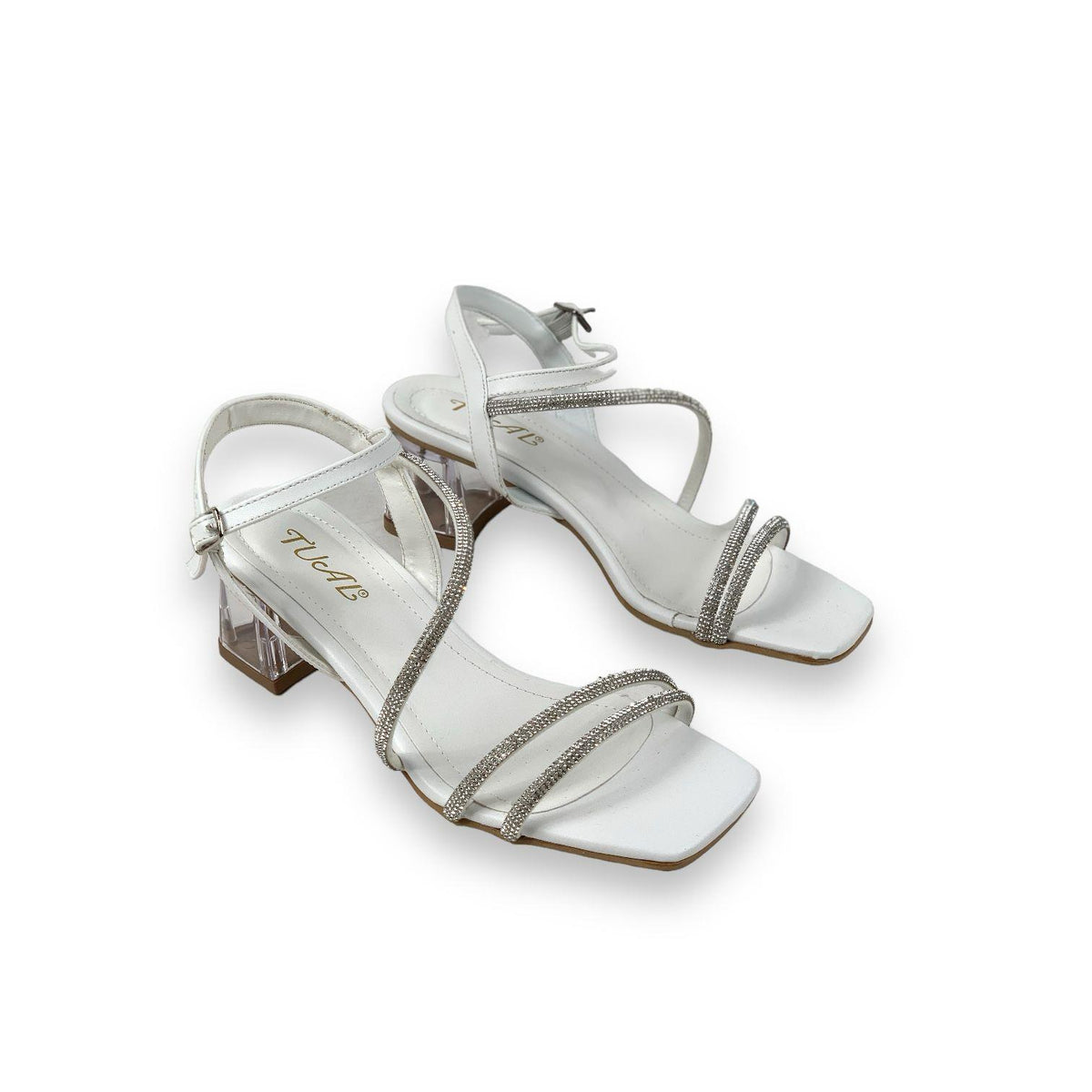 Women's Yens White Skin Low Transparent Heel Stone Sandals 5 Cm - STREETMODE ™