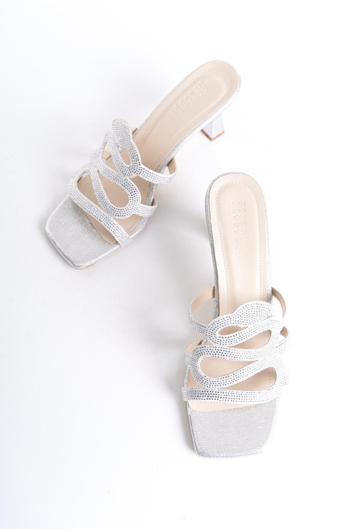 Women's Silver Thin Heel Snake Model Stone Evening Dress Slippers - STREETMODE ™