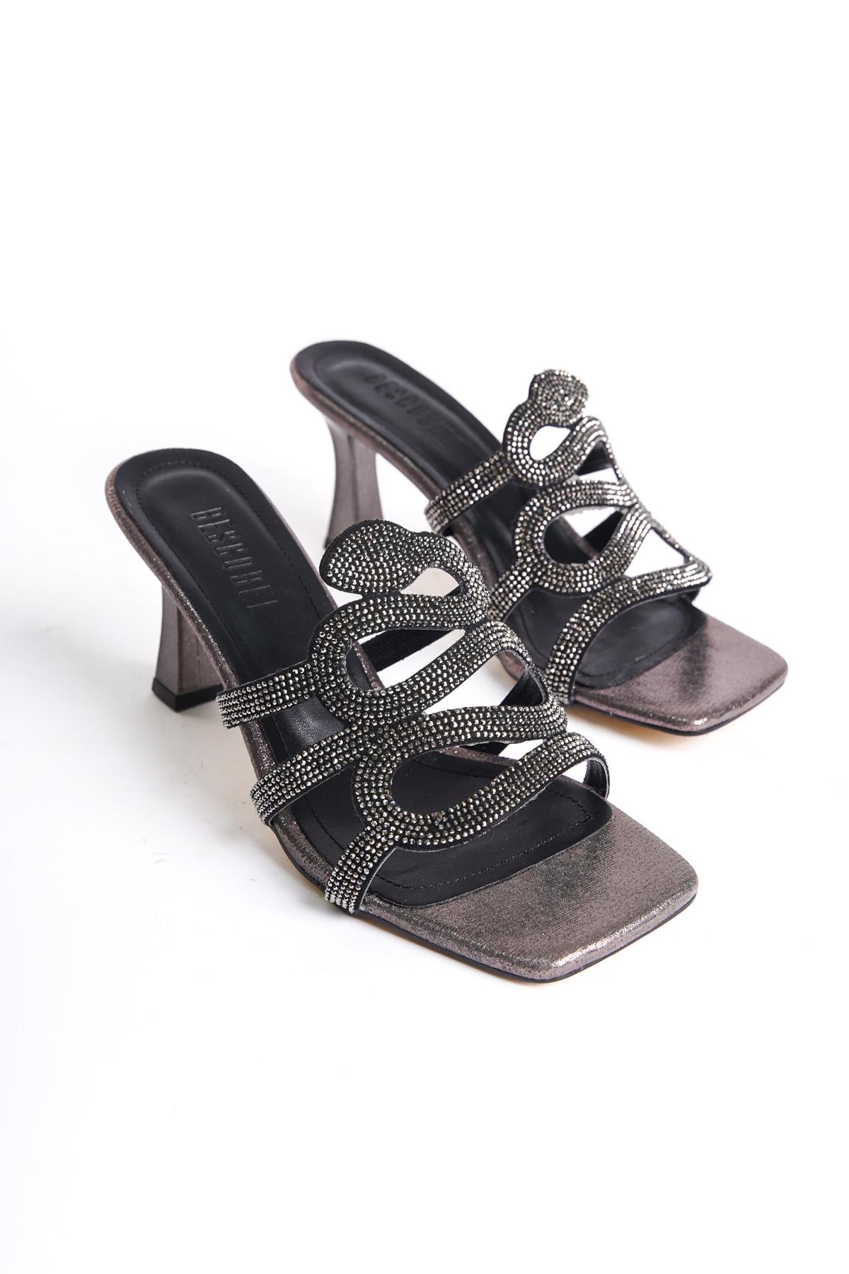 Women's Platinum Thin Heel Snake Model Stone Evening Dress Slippers - STREETMODE ™