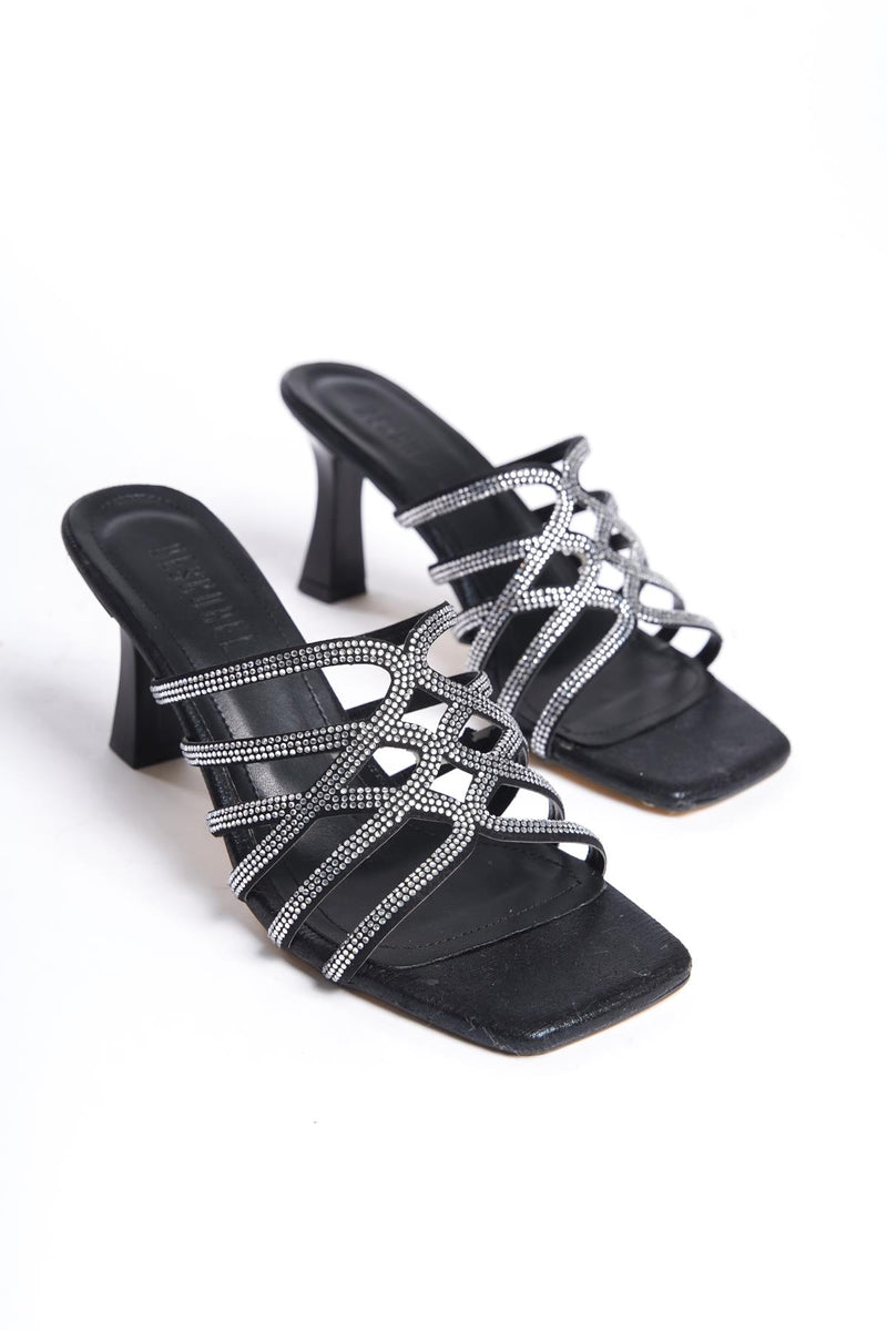 Women's Black Stone Detailed 8 cm Heel Slippers - STREETMODE ™