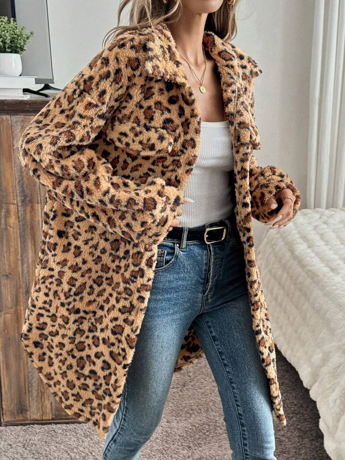 Leopard Button Up Long Sleeve Women Fuzzy Coat - STREETMODE ™