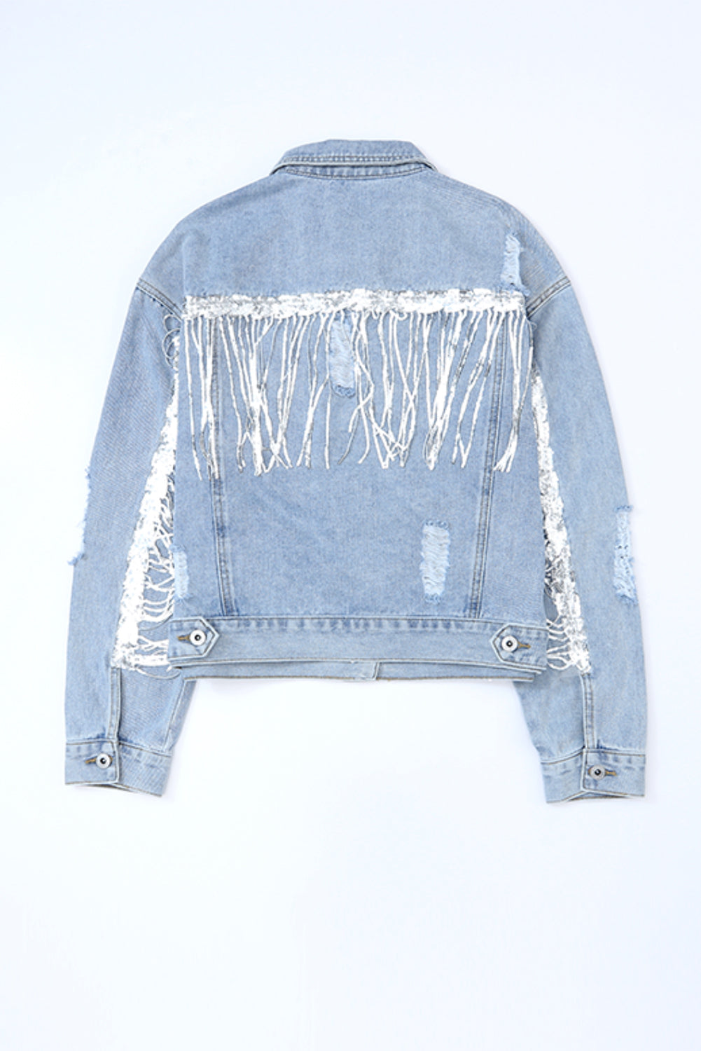 Sequin Fringe Trim Distressed Button Up Women Denim Jacket - STREETMODE ™