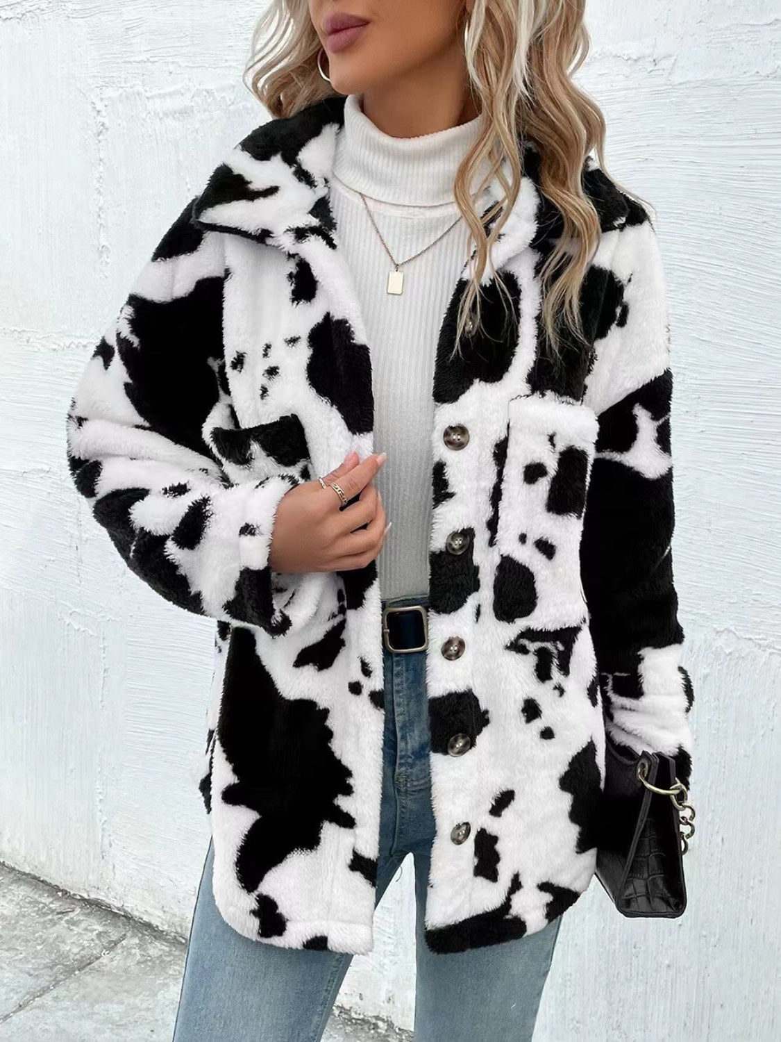 Cow Print Collared Neck Button Up Fuzzy Women Jacket - STREETMODE ™