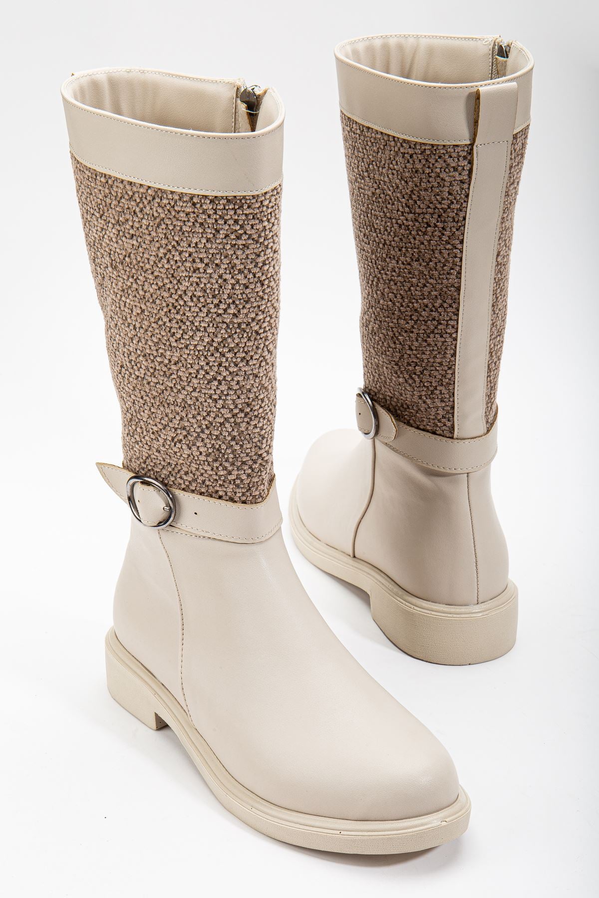 Beige Leather Felt Detailed Women's Boots - STREETMODE ™