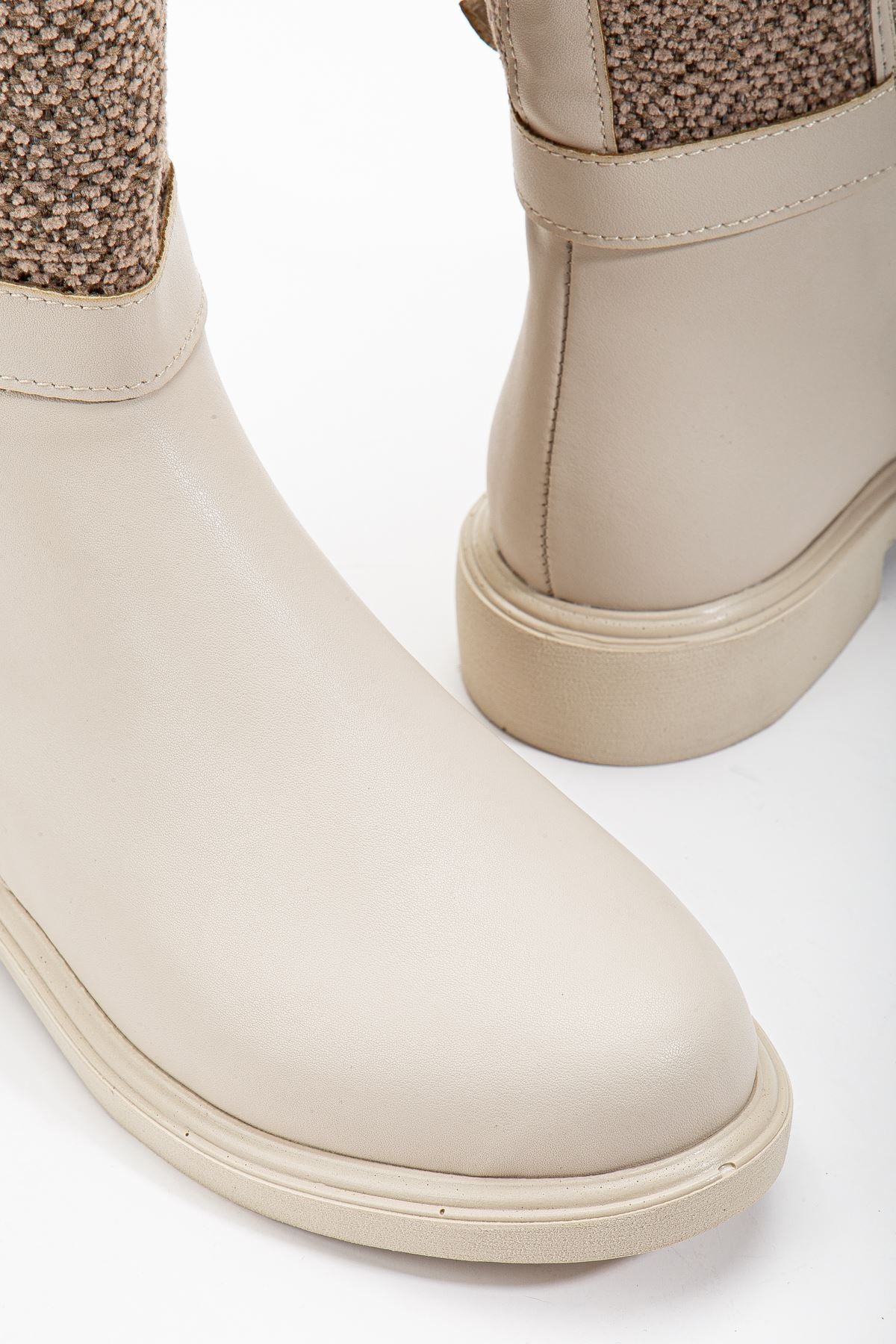 Beige Leather Felt Detailed Women's Boots - STREETMODE ™