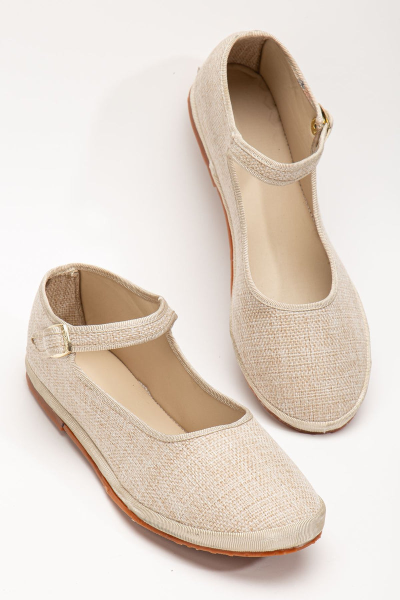 Beige Linen Buckle Detailed Flat Sole Women's Ballerinas - STREETMODE ™