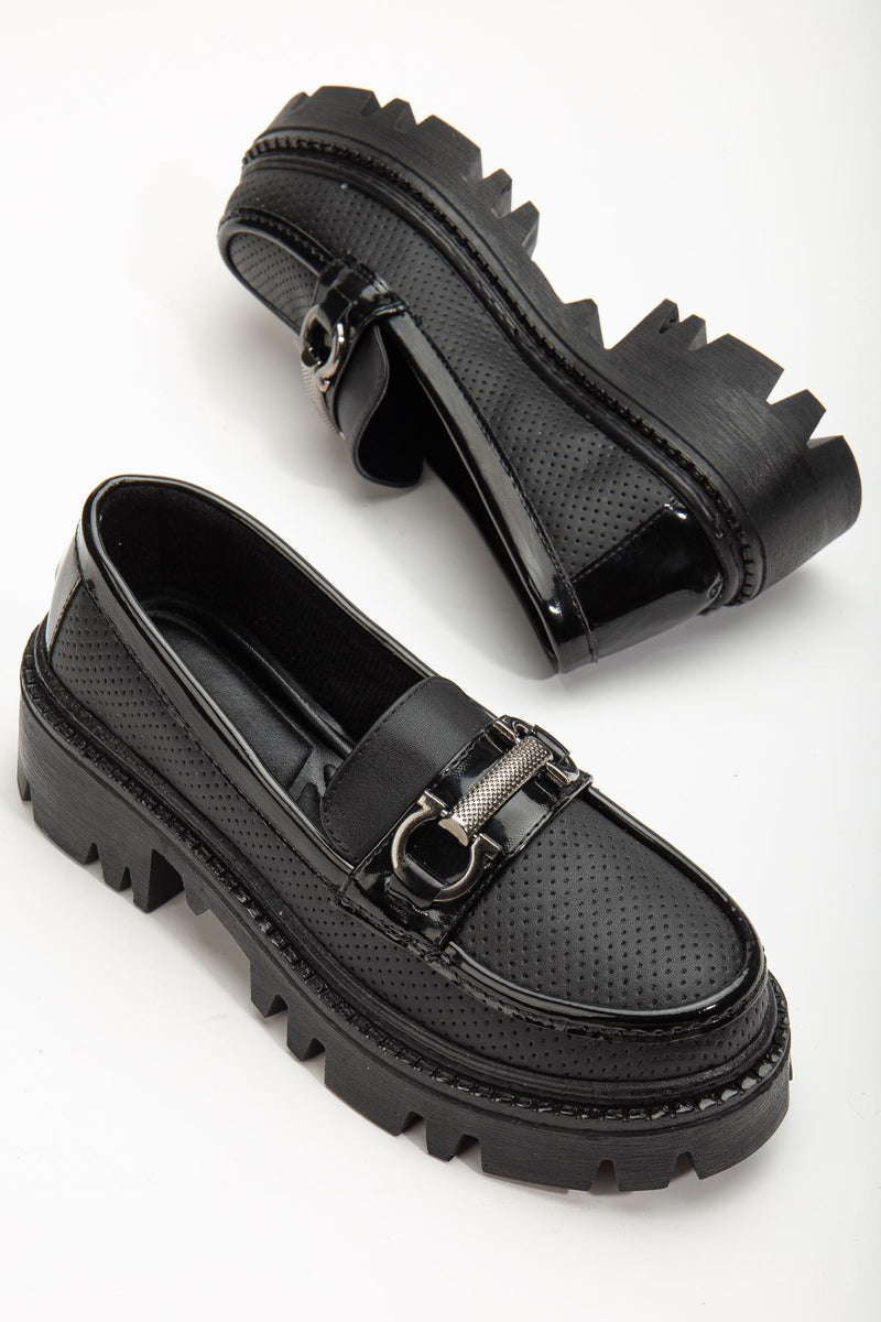 Women's Black Buckle Detailed Oxford Shoes - STREETMODE ™
