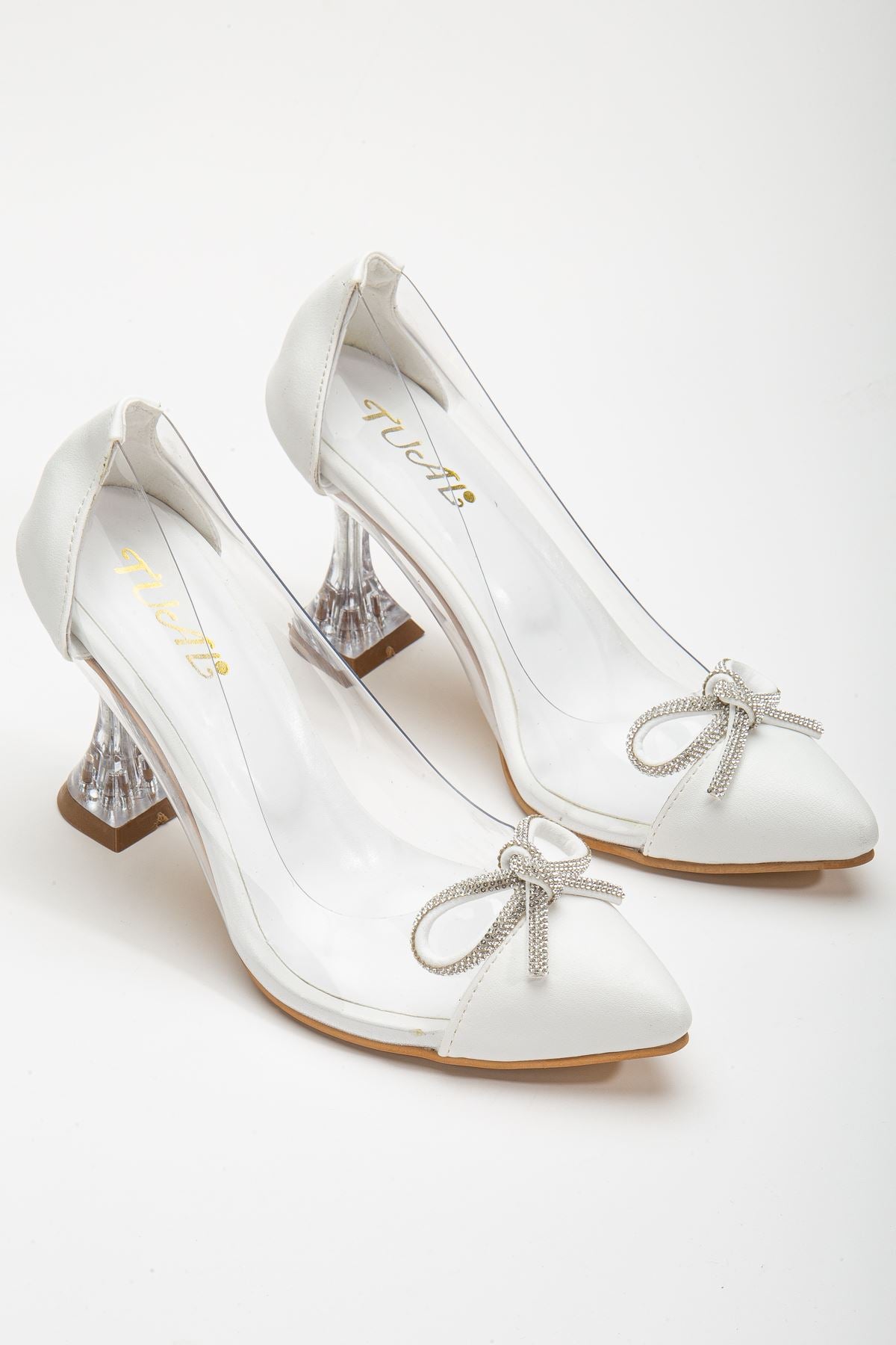 Women's White Stiletto Stone Skin Transparent Heeled Shoes - STREETMODE ™