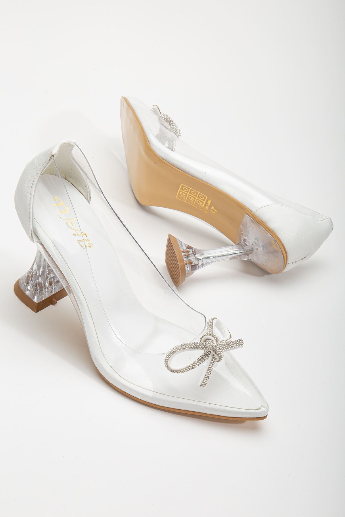 Women's White Stiletto Stone Transparent Heeled Shoes - STREETMODE ™