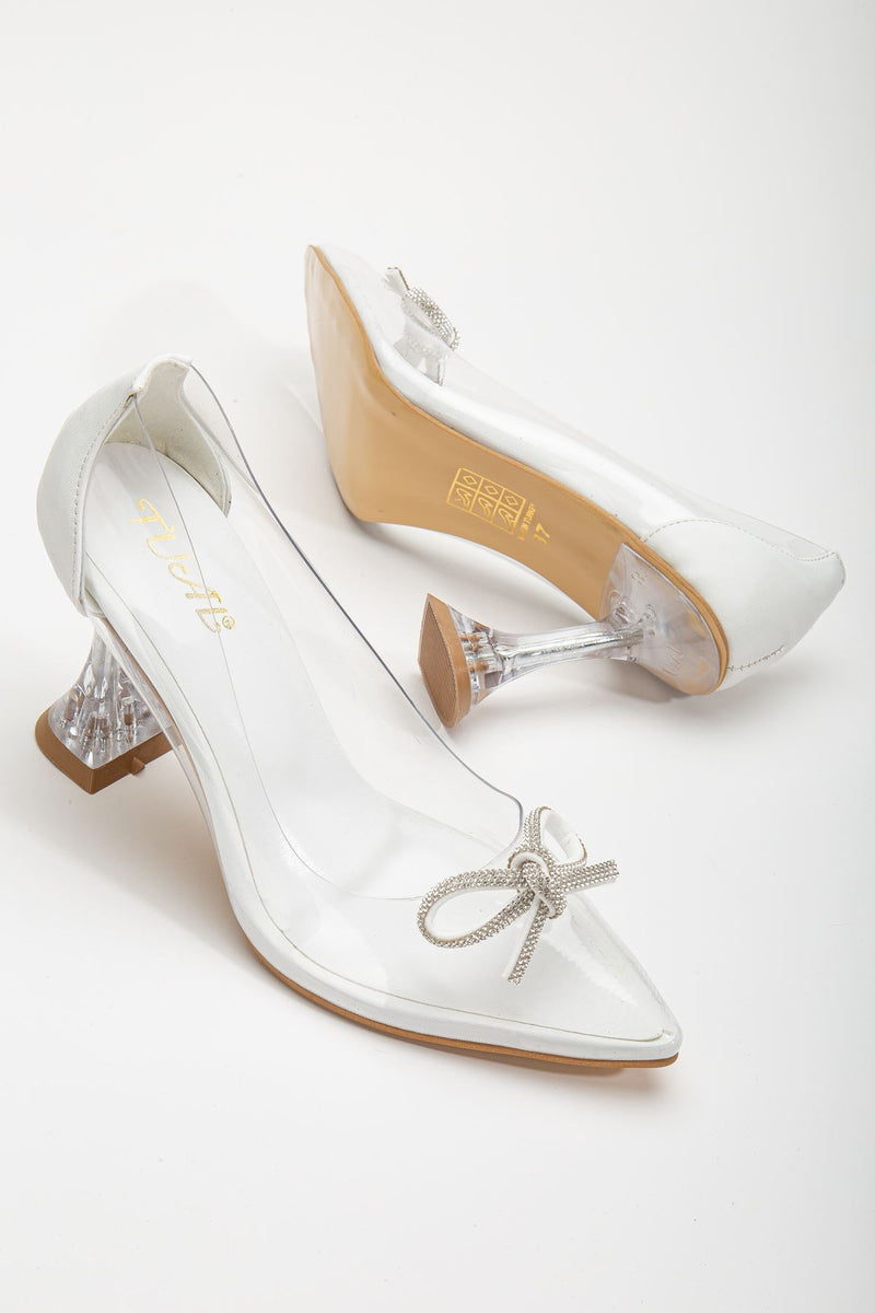 Women's White Stiletto Stone Transparent Heeled Shoes - STREETMODE ™