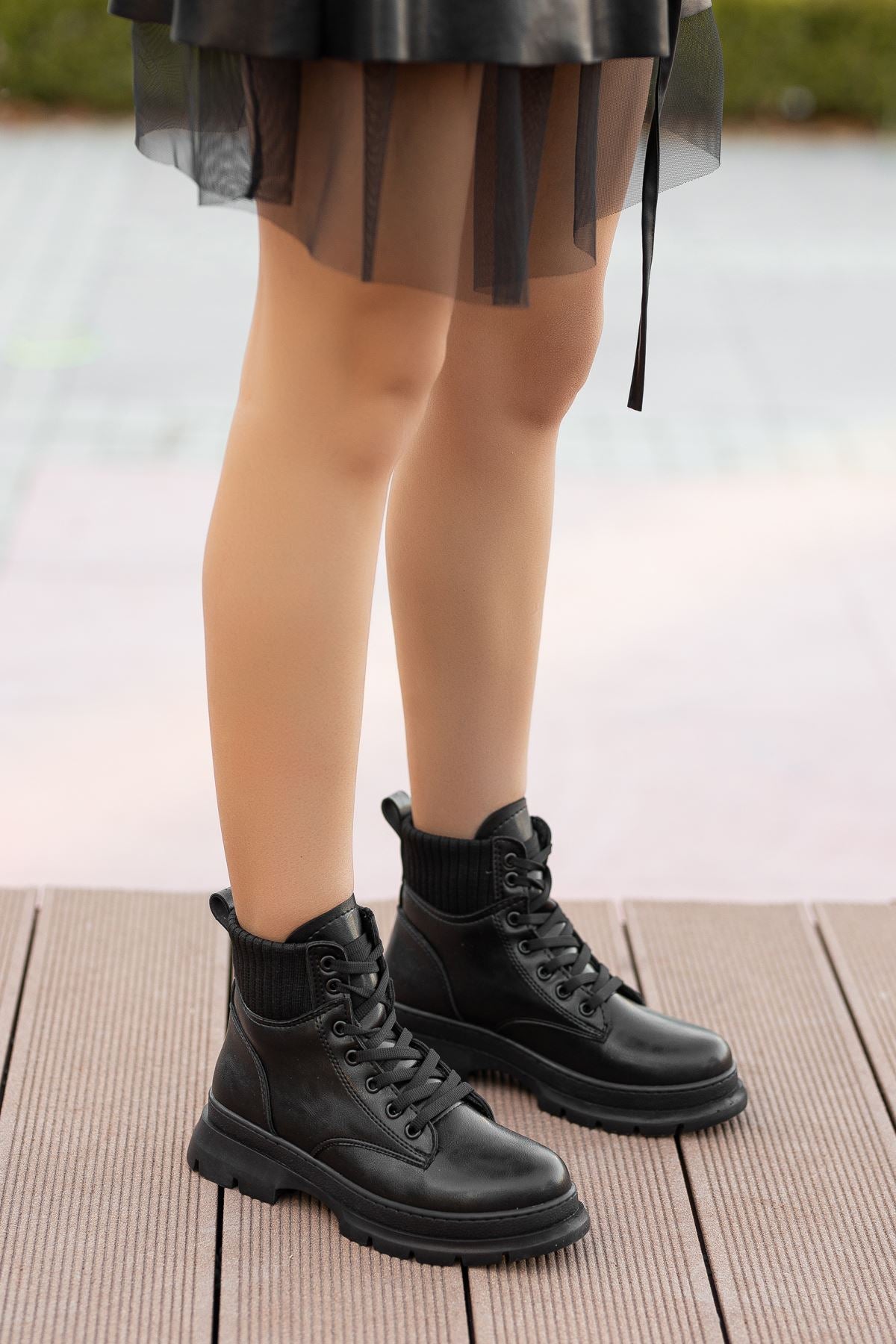 Black Leather Lace Detail Women's Boots - STREETMODE ™